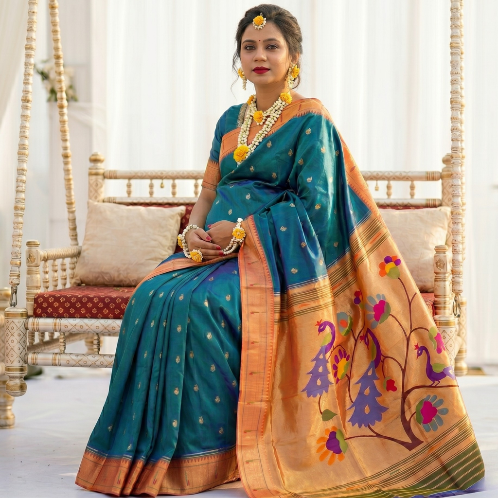 Muniya Border Peacock Blue Paithani Saree