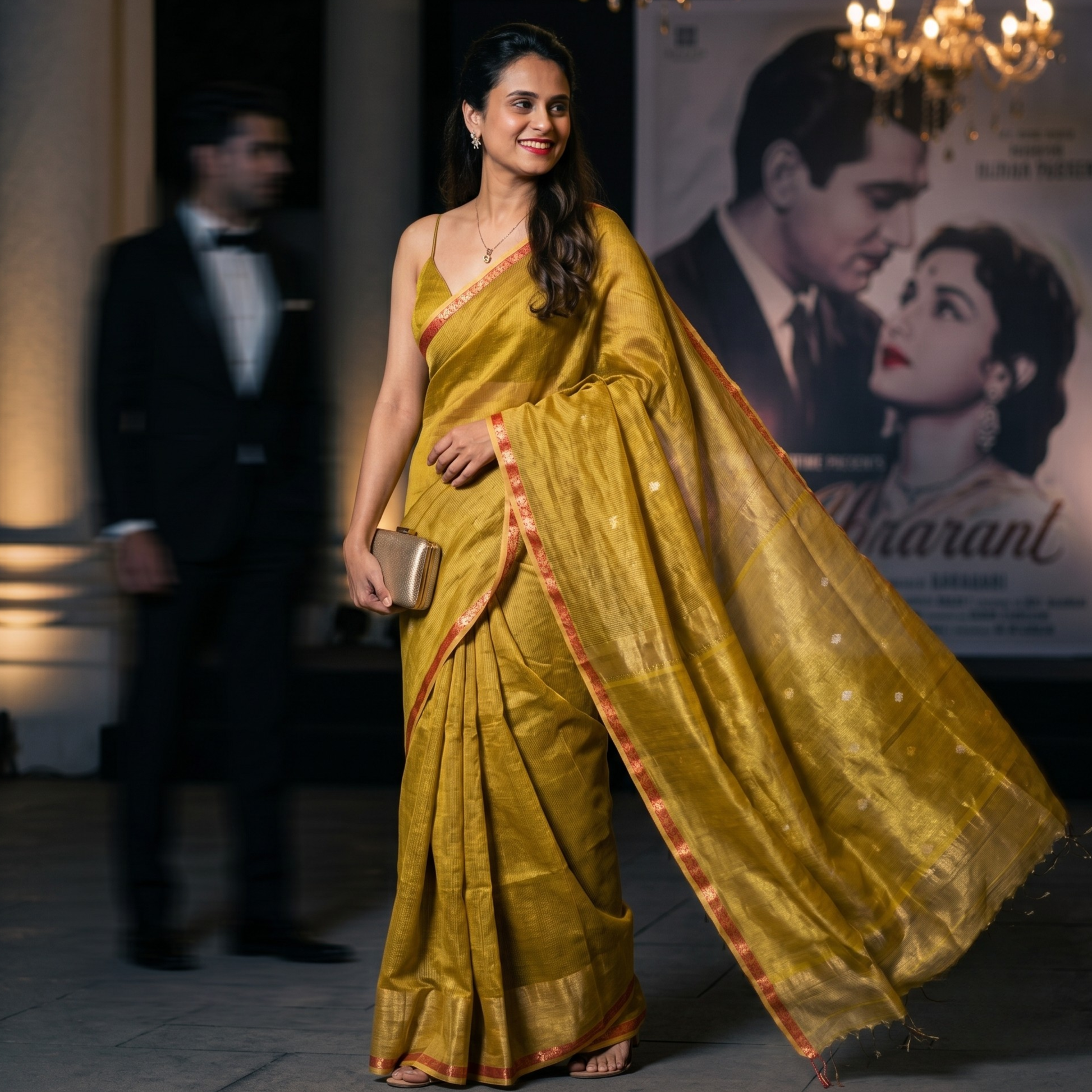 Maheshwari Fluorescent Yellow Silk Tissue Saree