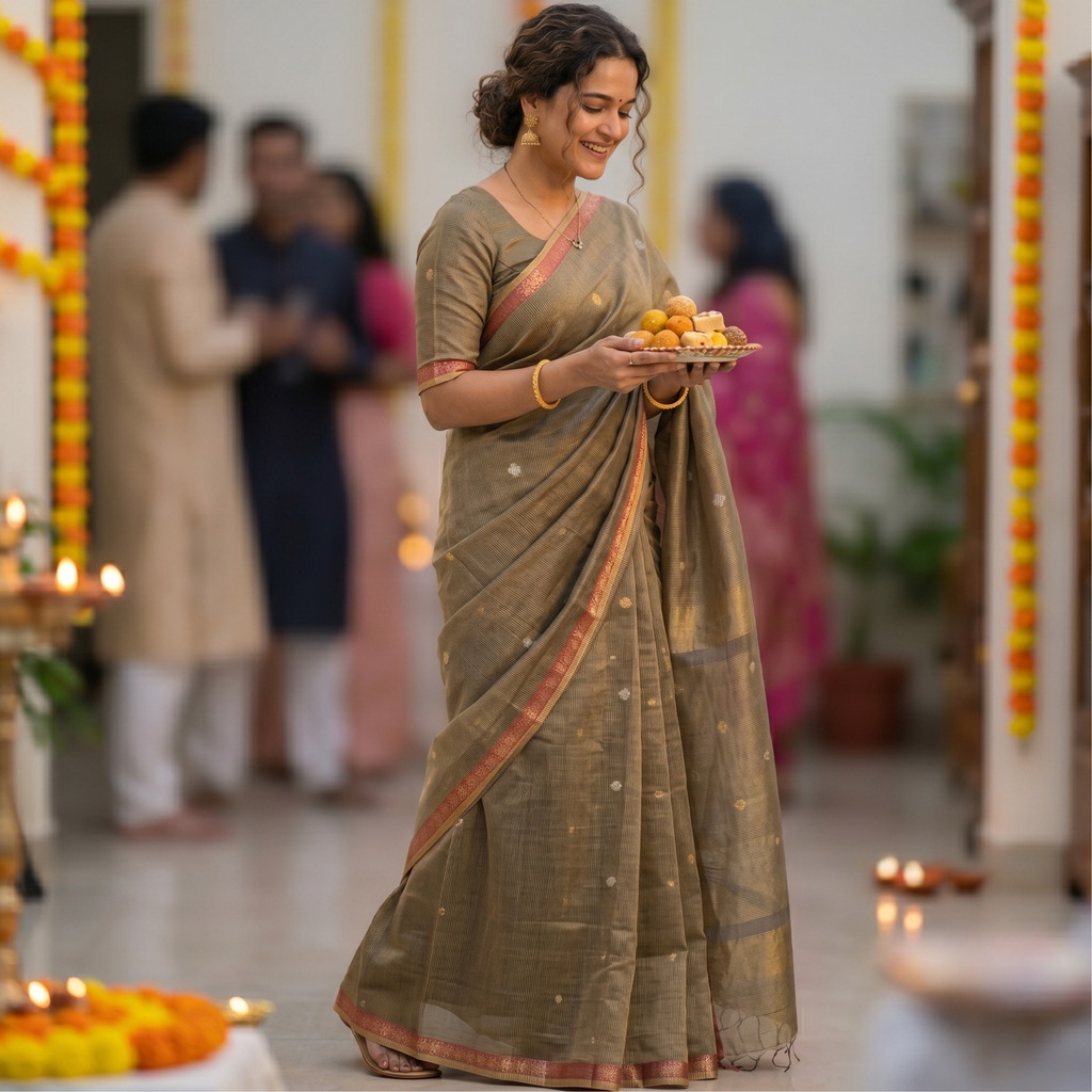 Maheshwari Grey Silk Tissue Saree