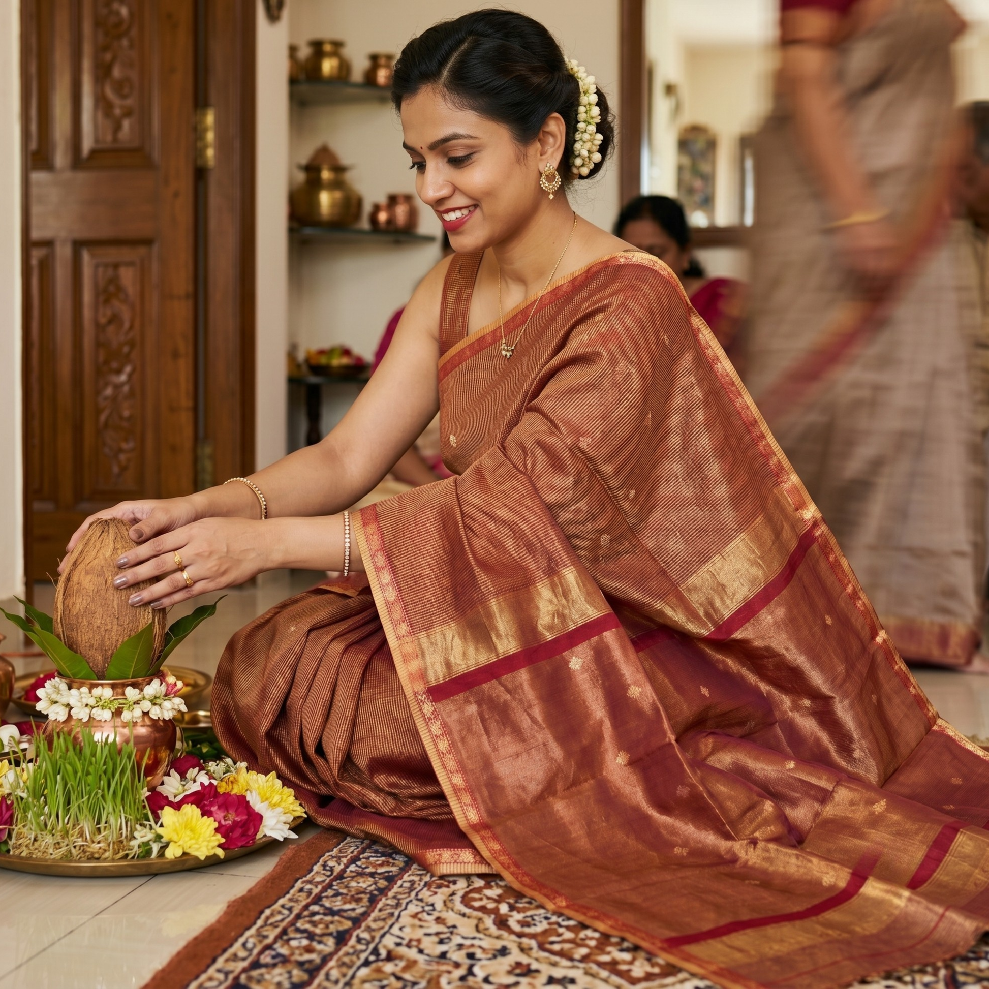 Maheshwari Red Silk Tissue Saree