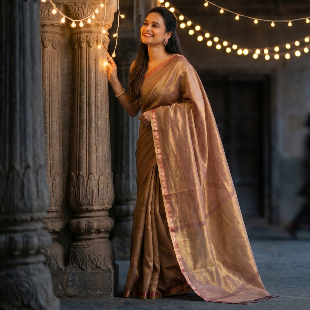 Maheshwari Beige Tissue Silk Saree