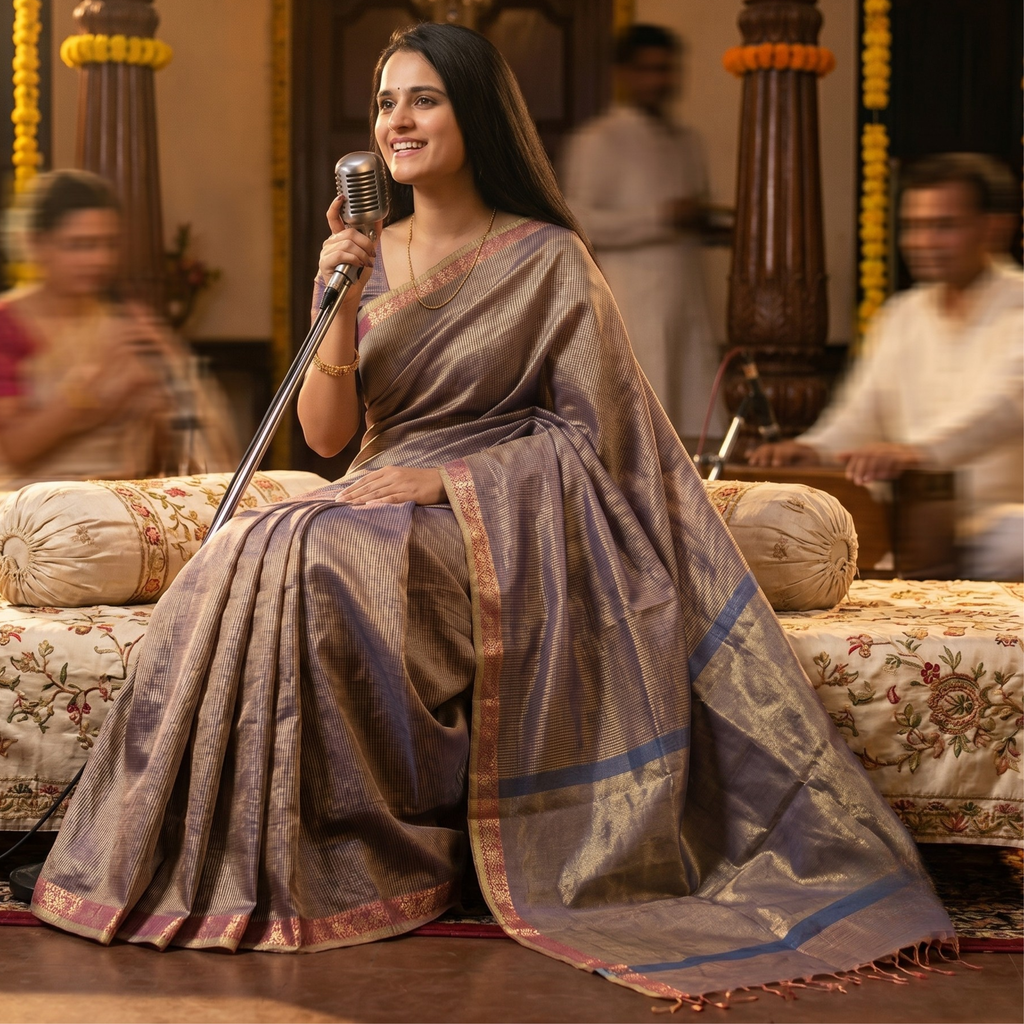 Maheshwari Blue Tissue Silk Saree