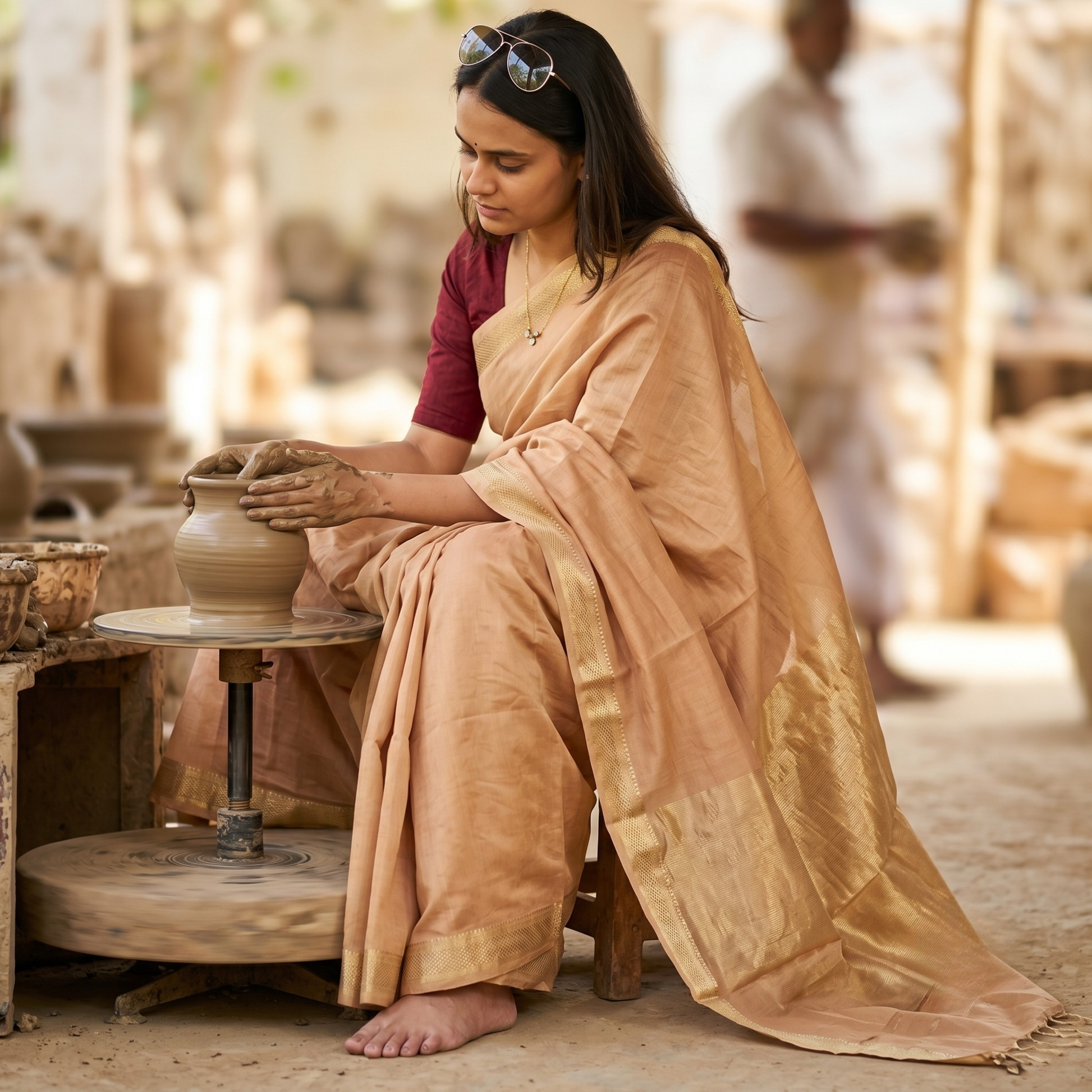 Maheshwari Light Brown Tissue Cotton Saree