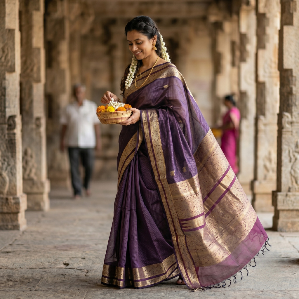 Maroon Kanjeevaram Silk Cotton Saree with Grey Stripes, Buttis & Zari Pallu