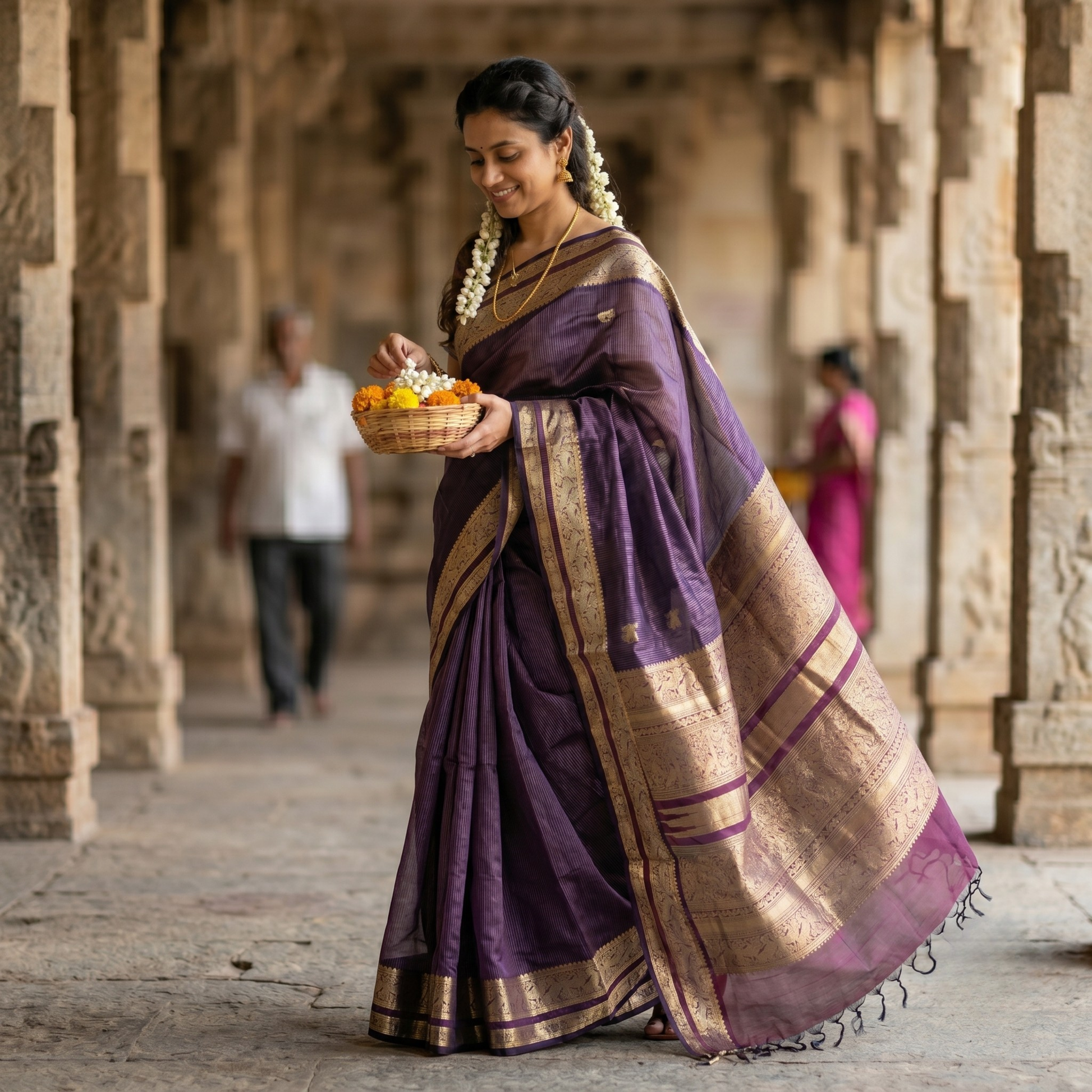Maroon Kanjeevaram Silk Cotton Saree with Grey Stripes, Buttis & Zari Pallu