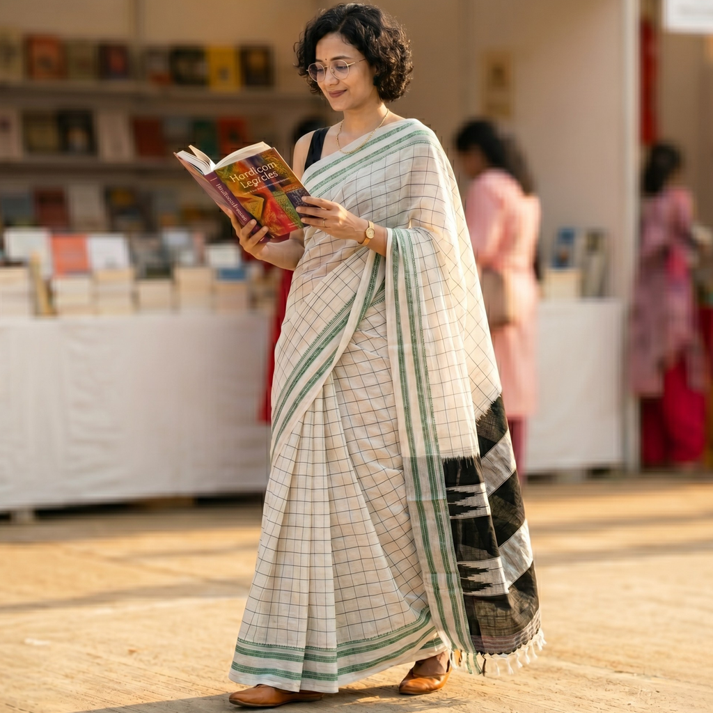 Ilkal Handloom White Checks Saree