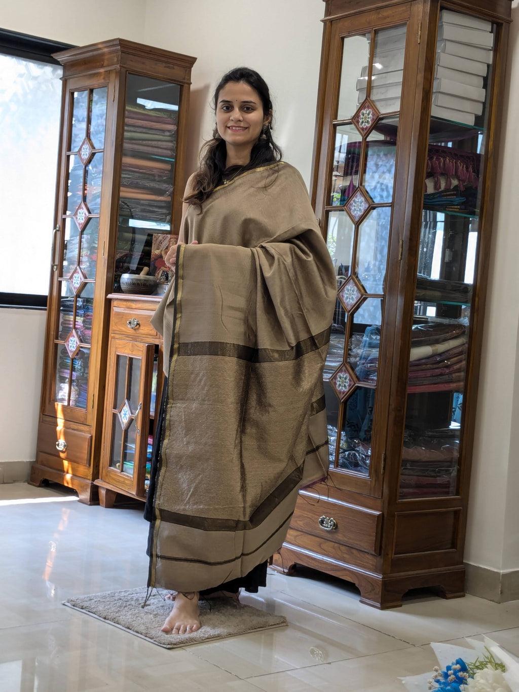 Maheshwari Beige Handloom Saree