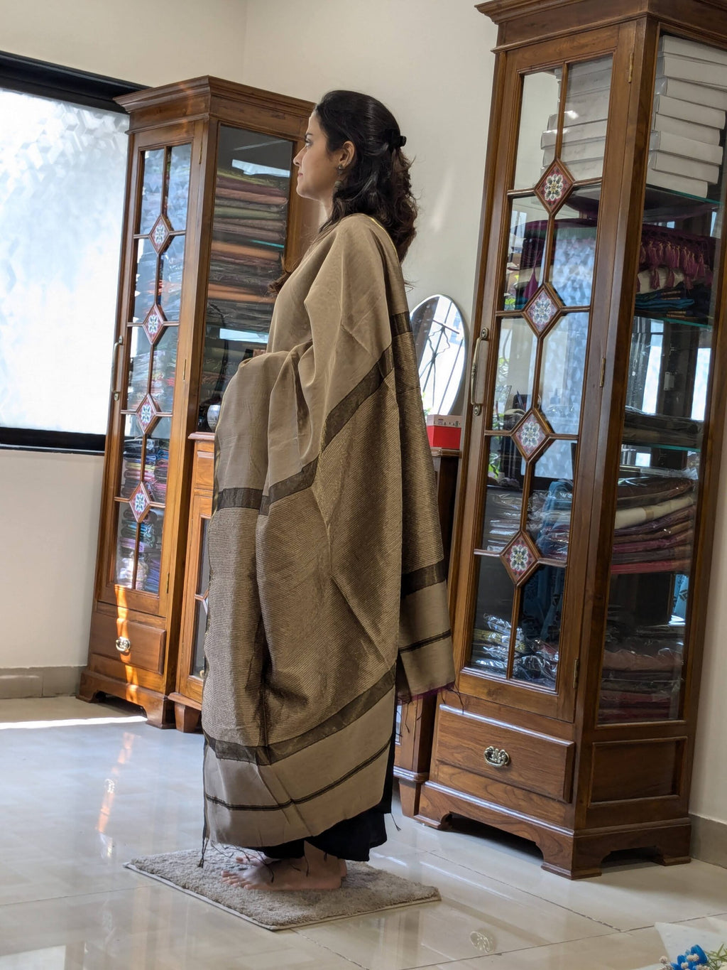 Maheshwari Beige Handloom Saree