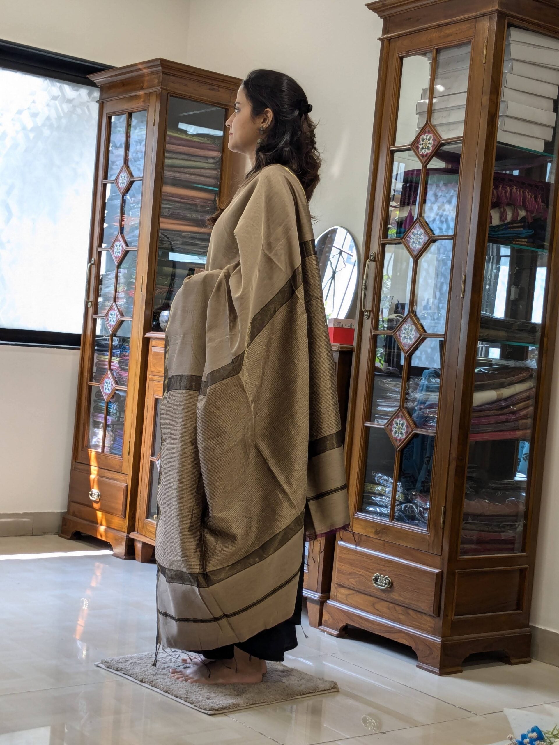 Maheshwari Beige Handloom Saree