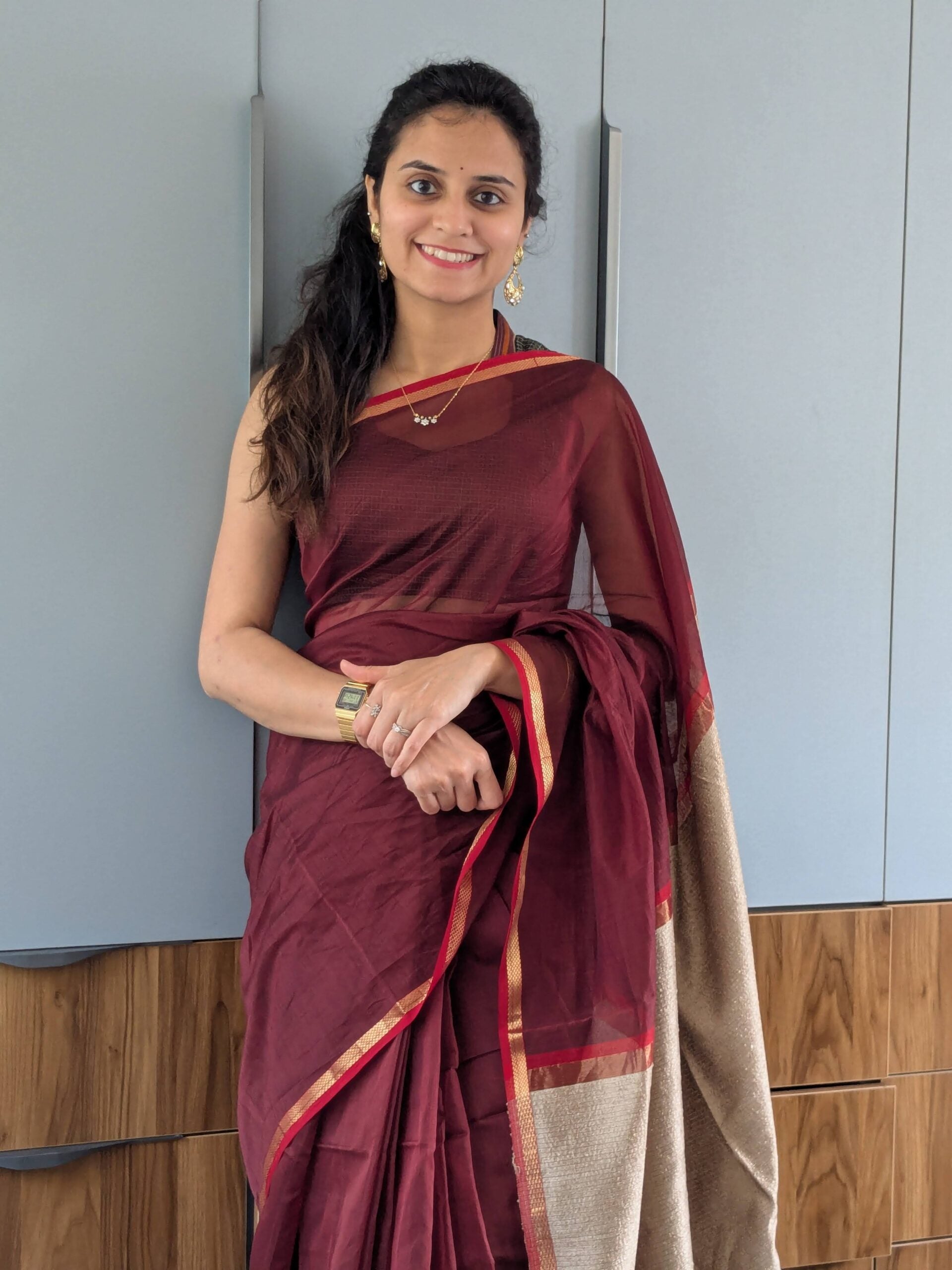 Maheshwari Reddish Brown Handloom Saree with Kosa Silk Pallu & Running Blouse