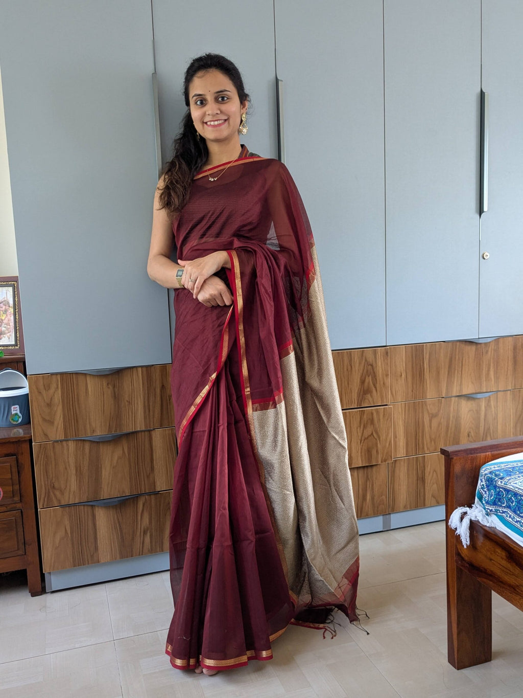 Maheshwari Reddish Brown Handloom Saree with Kosa Silk Pallu & Running Blouse