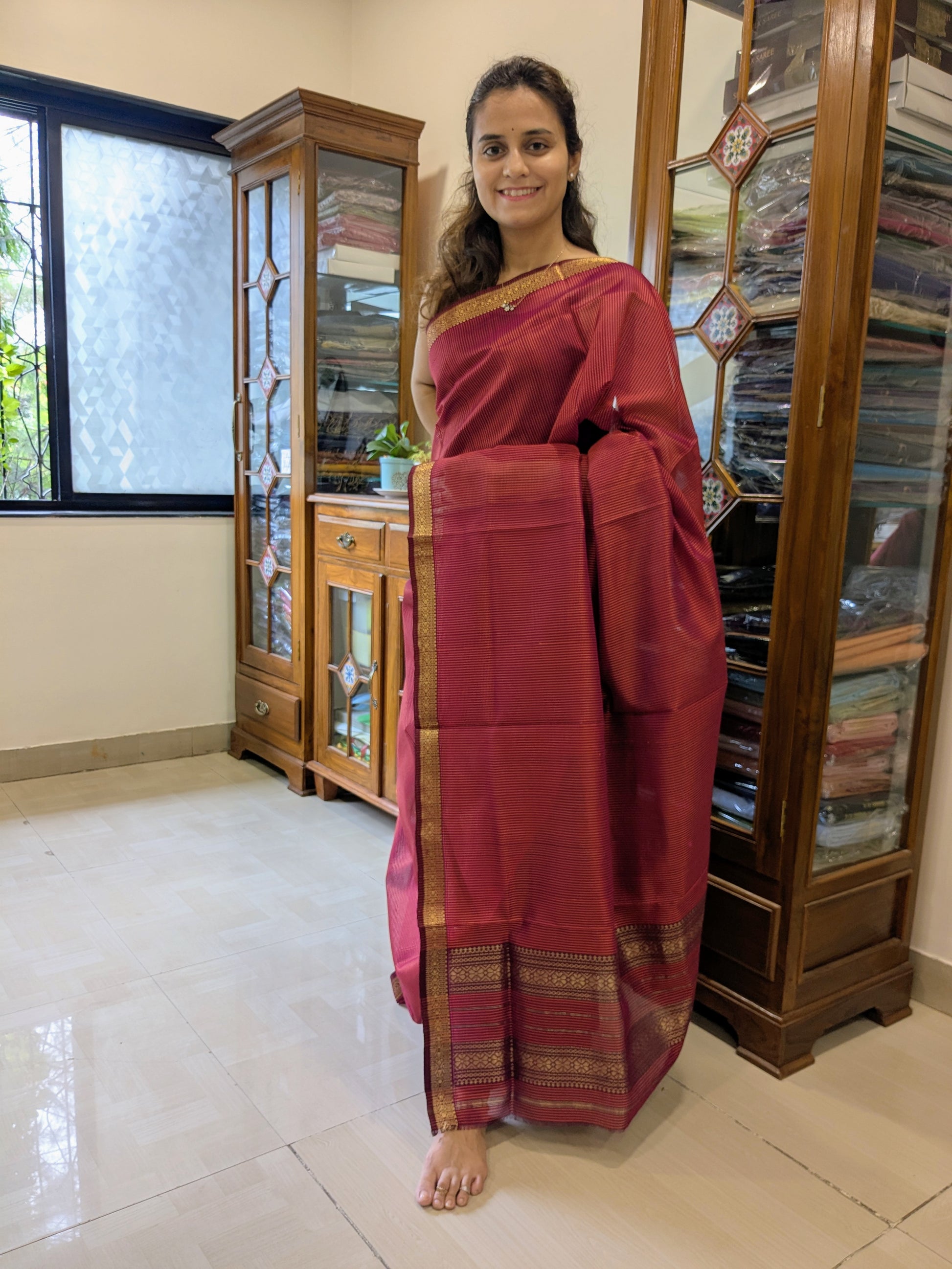 Garbh Reshmi Red Orange Maheshwari Saree