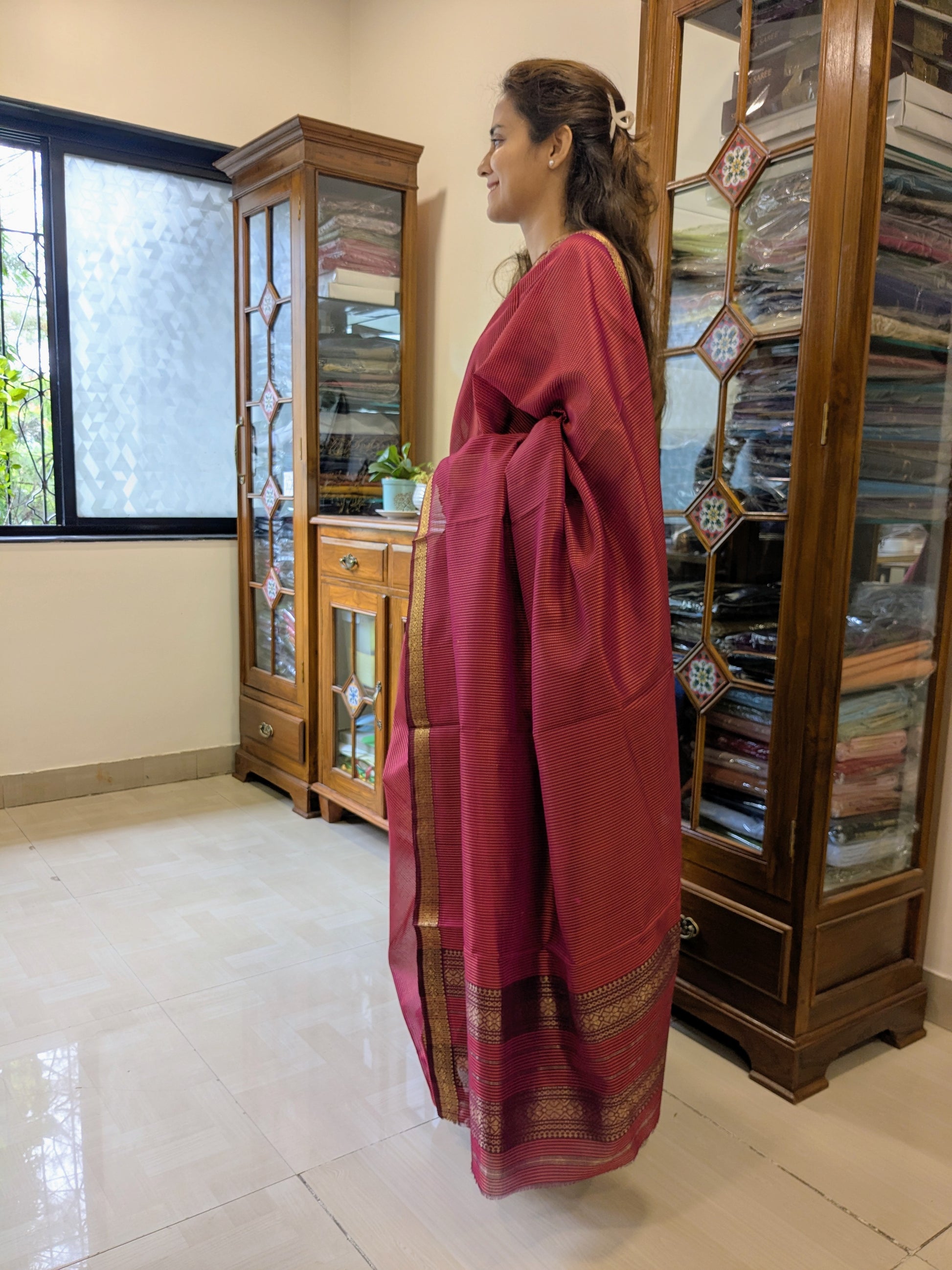 Garbh Reshmi Red Orange Maheshwari Saree