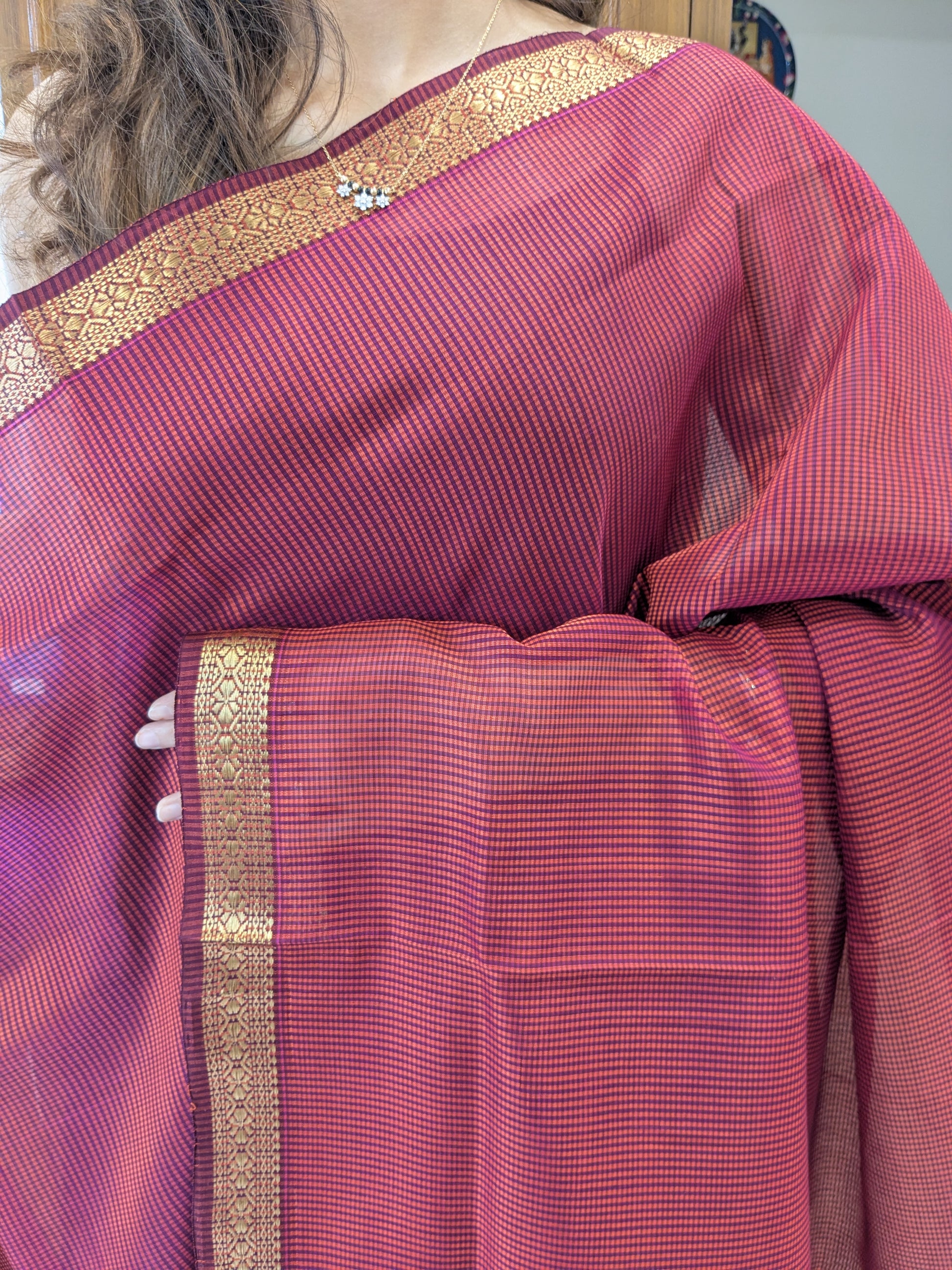 Garbh Reshmi Red Orange Maheshwari Saree