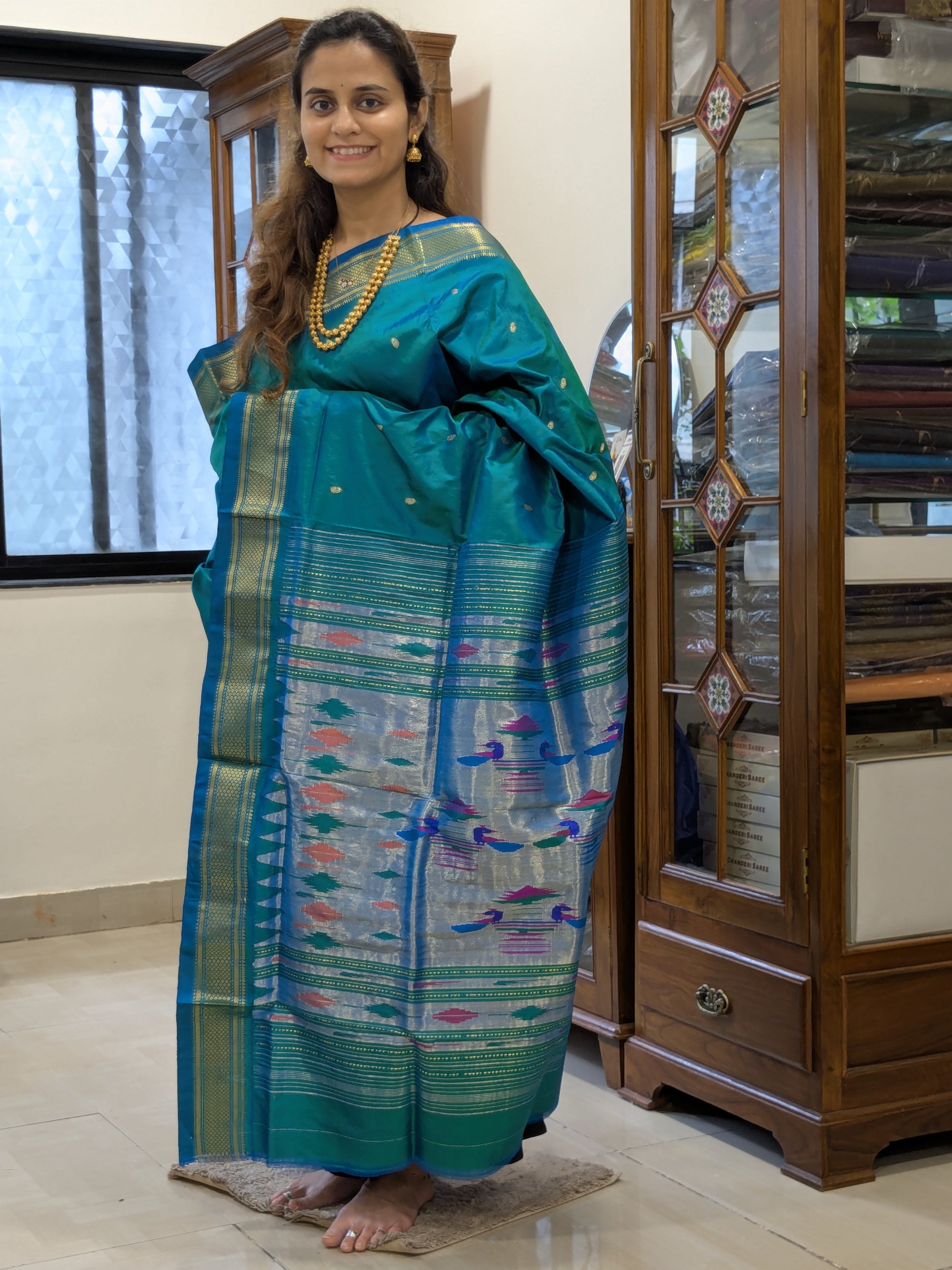 Pure Silk Peacock Blue Paithani Saree