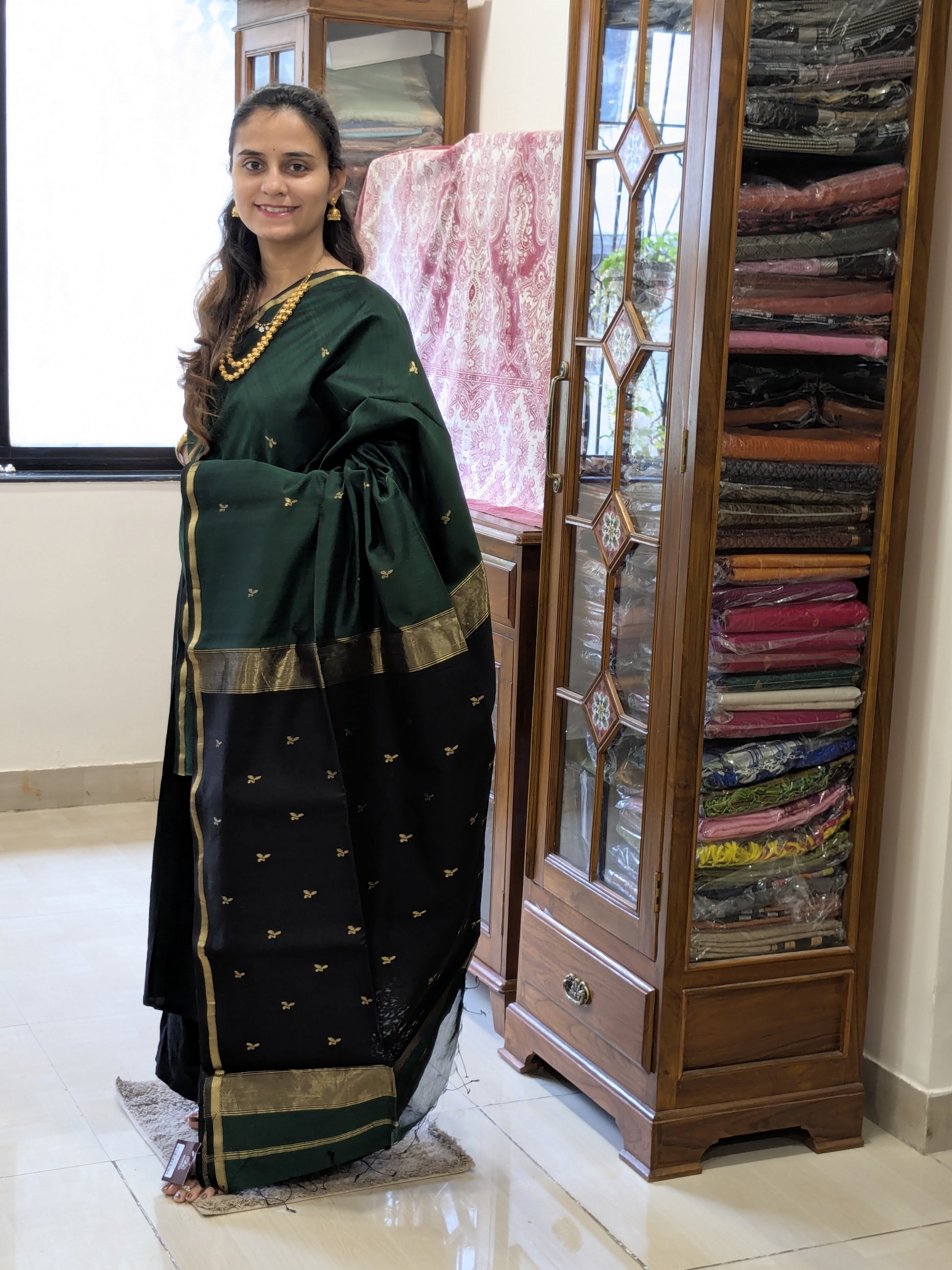 Silk Cotton Green Maheshwari Saree