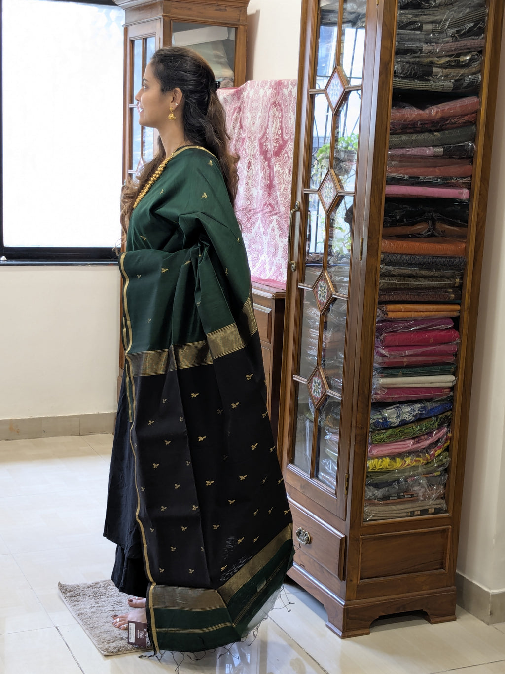 Silk Cotton Green Maheshwari Saree