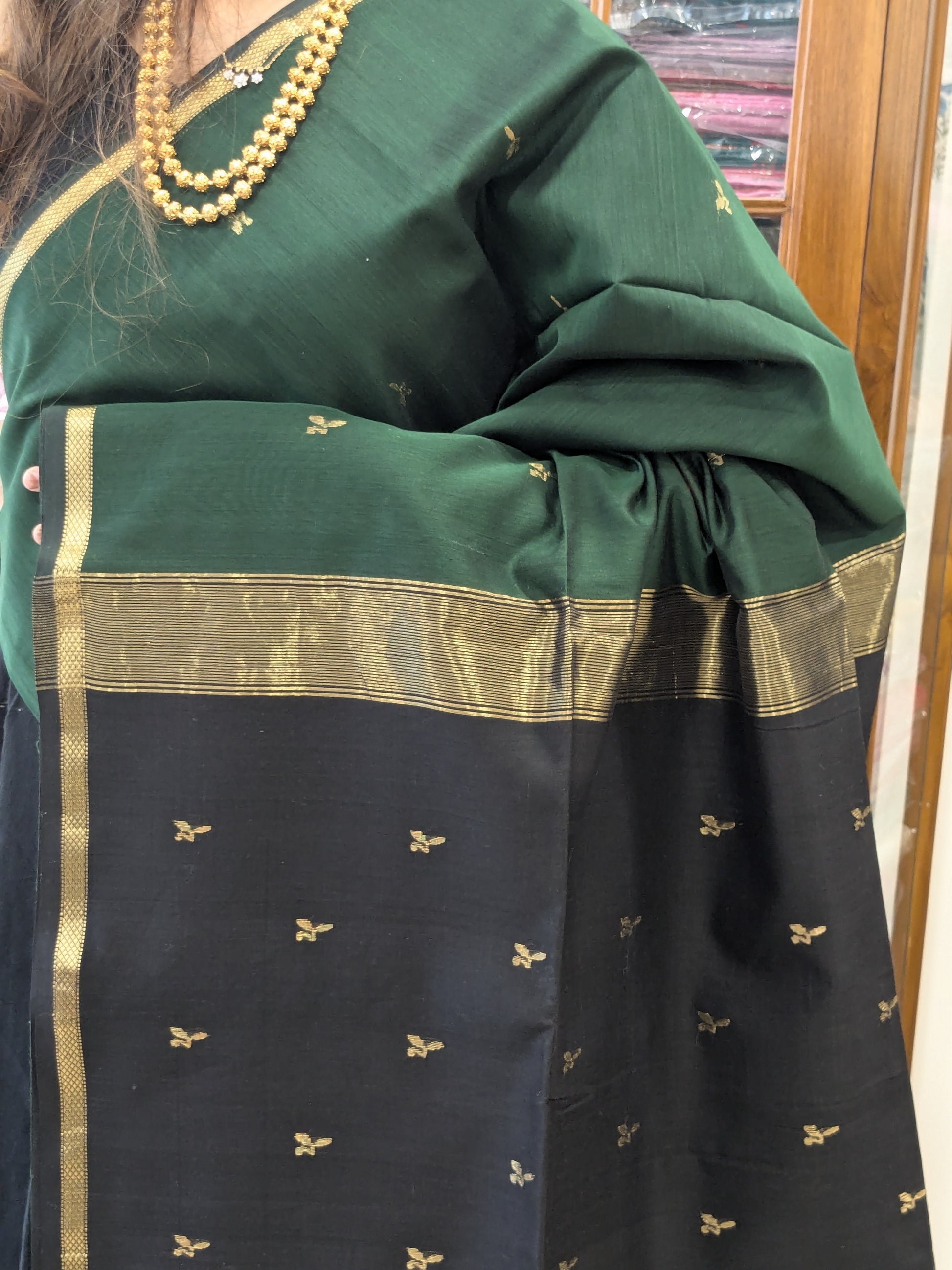 Silk Cotton Green Maheshwari Saree