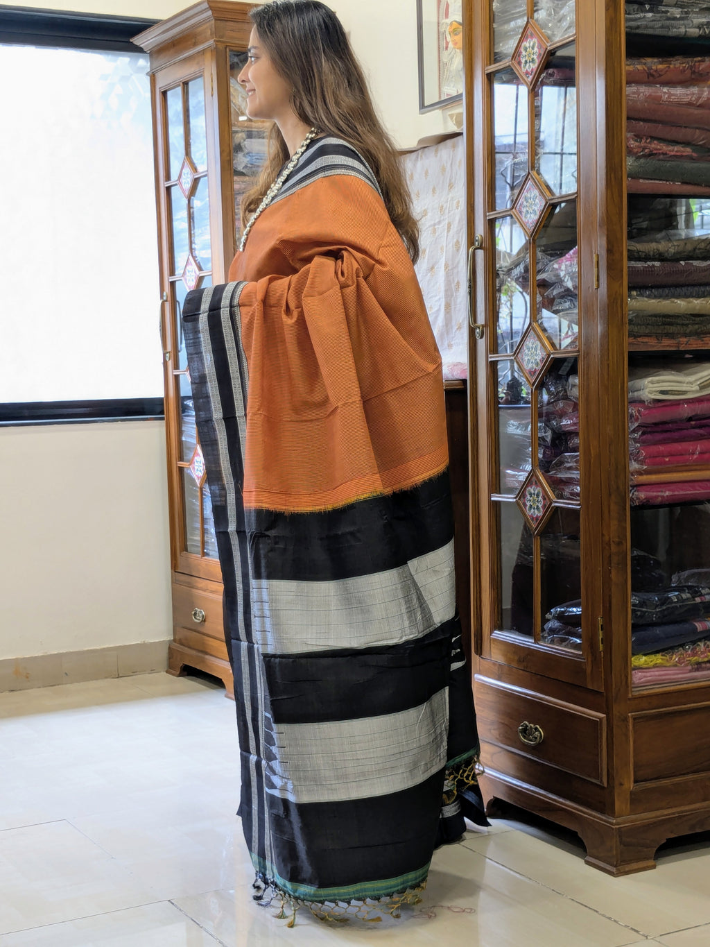 Handloom Ilkal Orange and Black Saree
