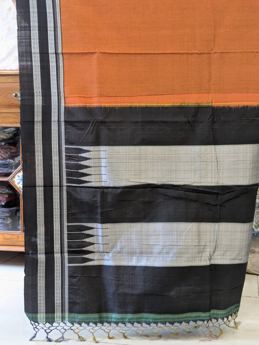 Handloom Ilkal Orange and Black Saree