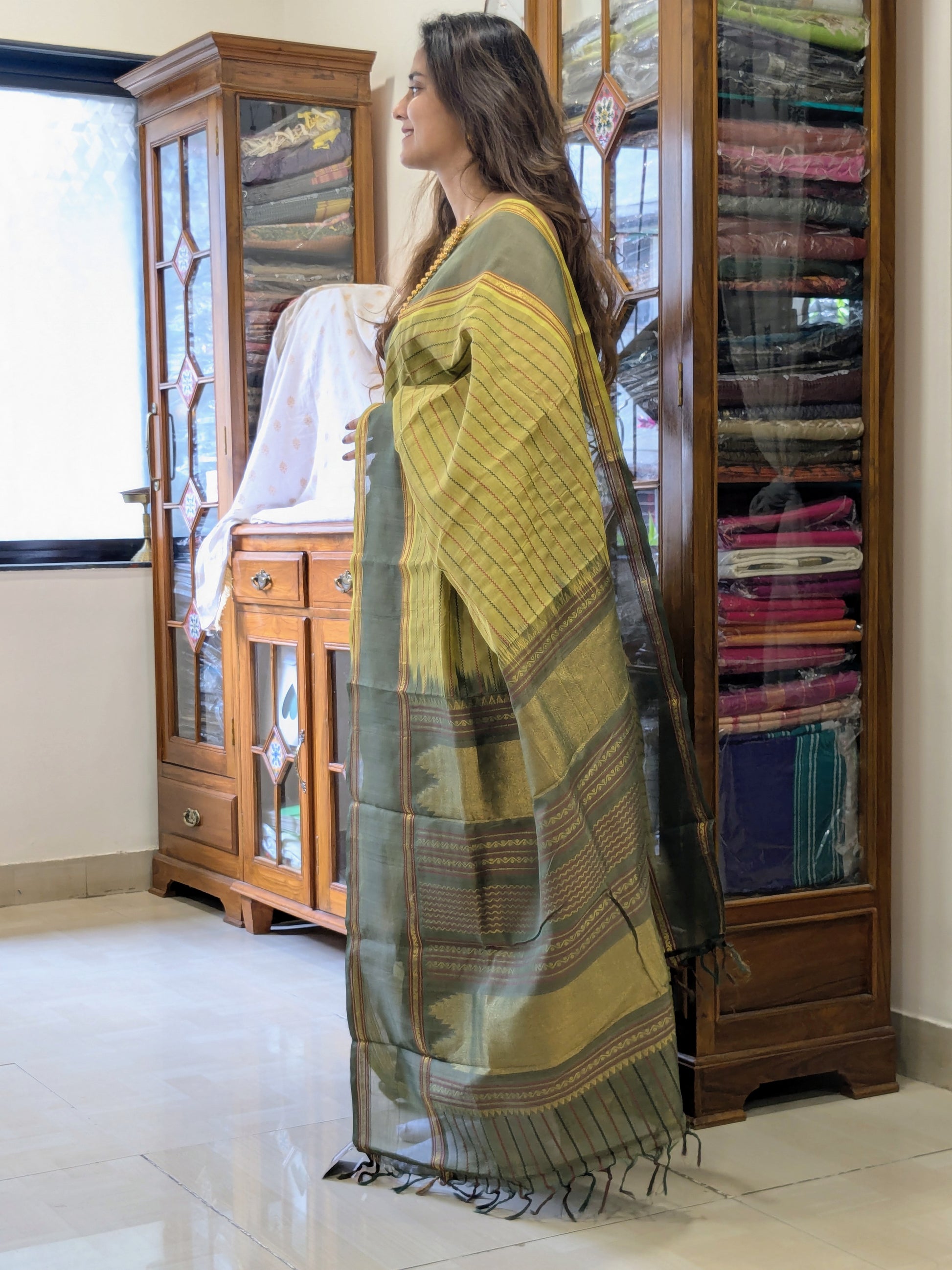 Silk Cotton Green Kanjivaram Veldhari Saree