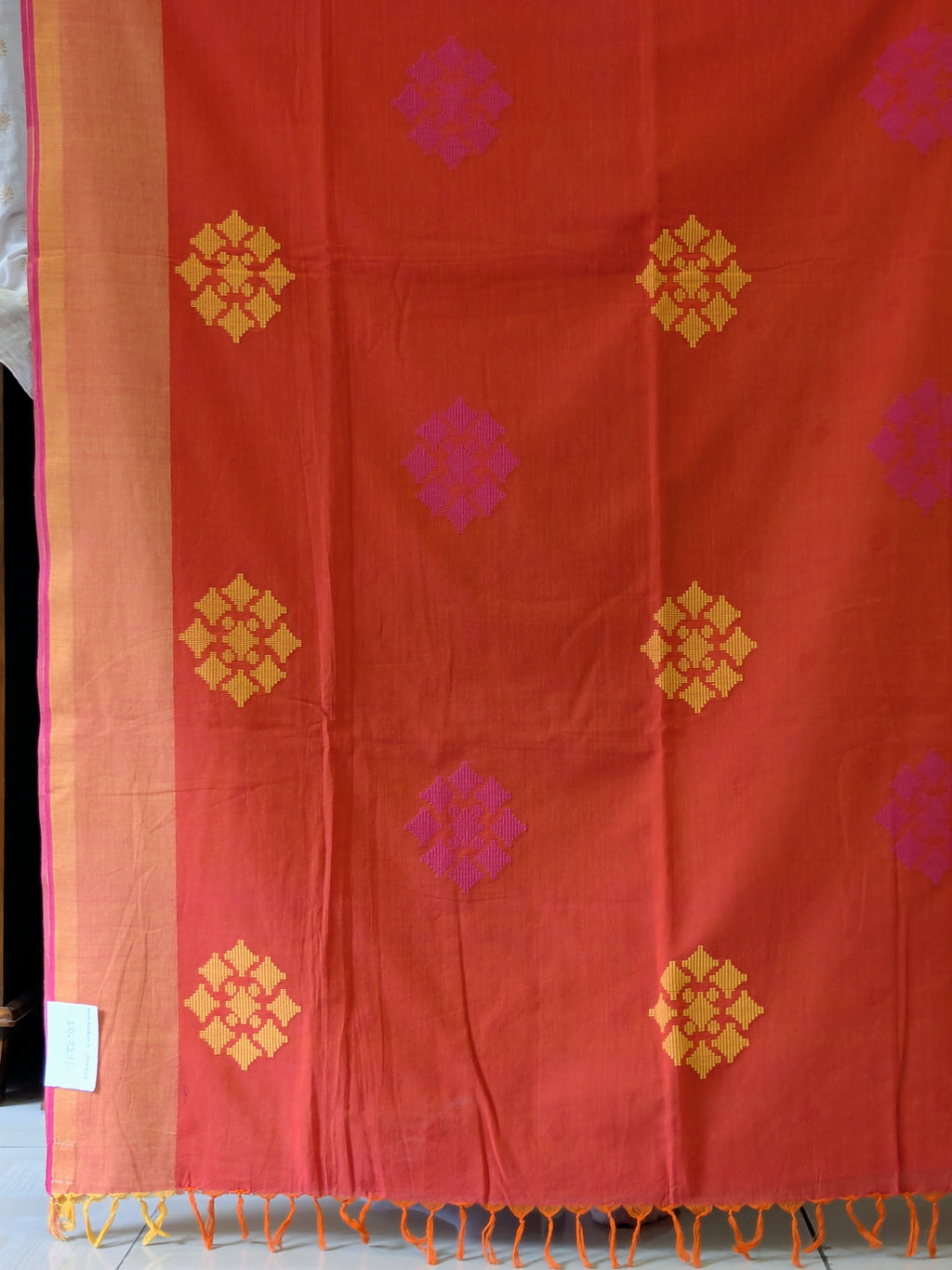 Bawan Buti Orange Cotton Patli Pallu Saree