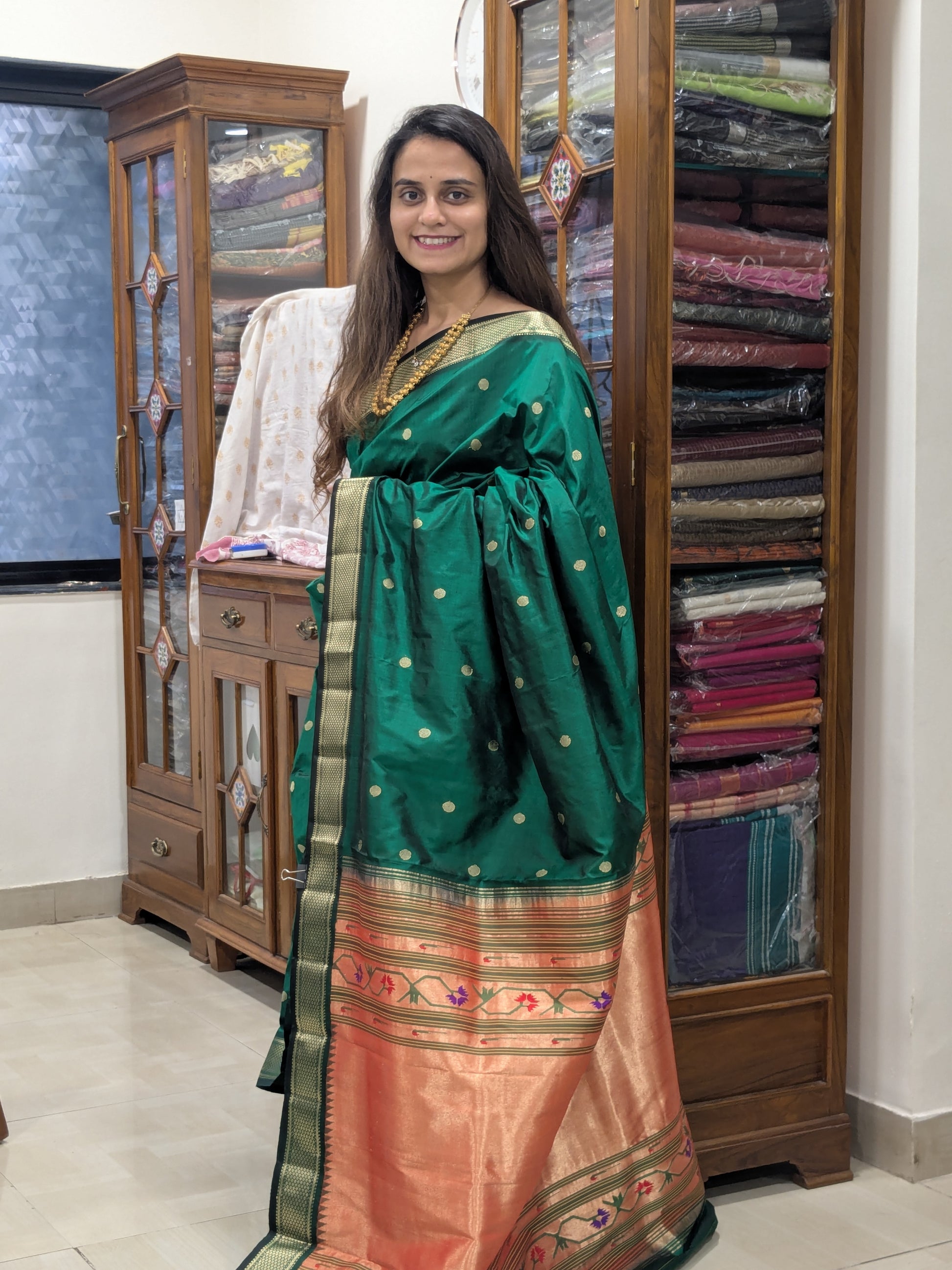 Bottle Green Pure Silk Paithani Saree with Zari Tawa Pallu