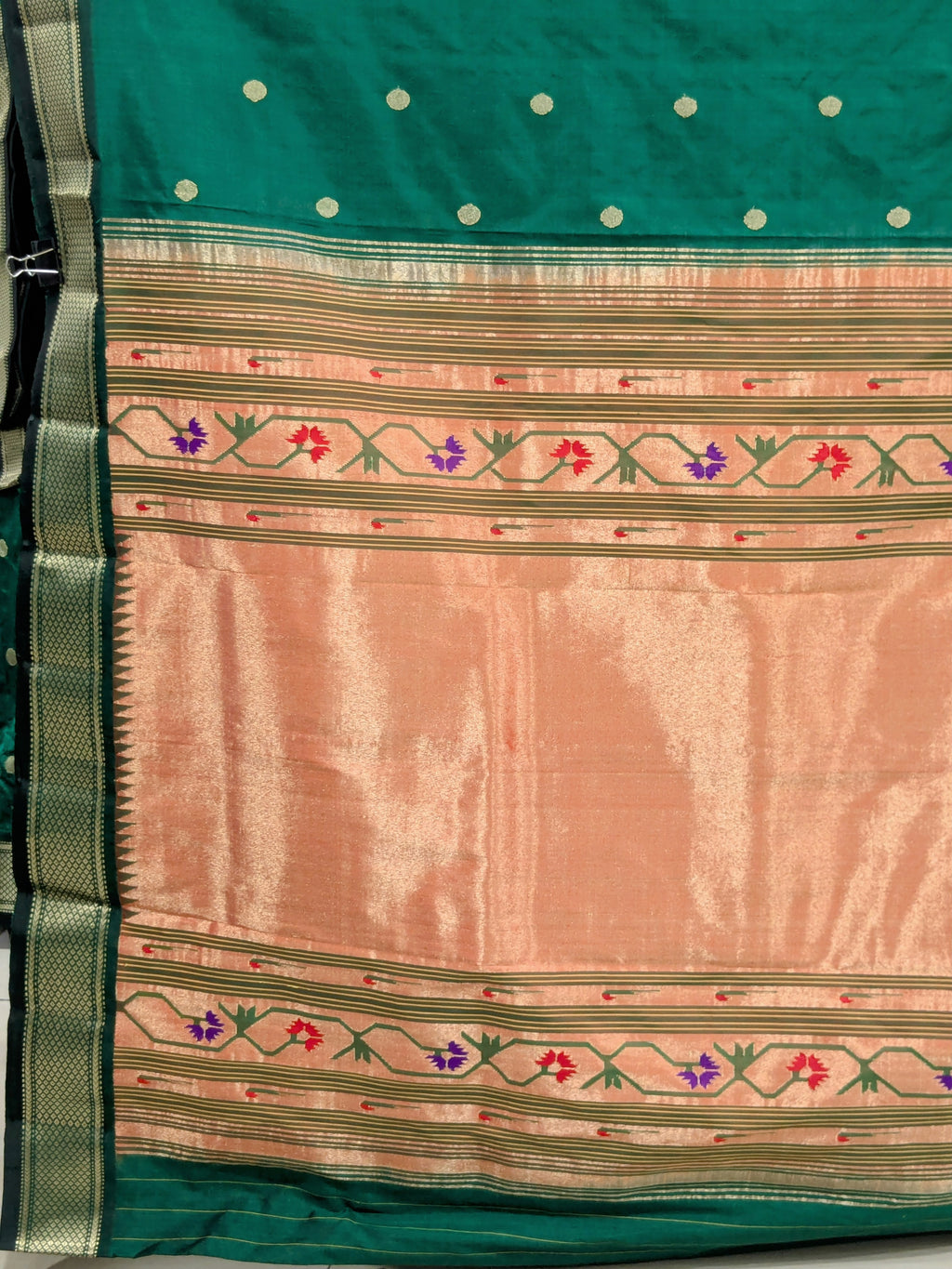 Bottle Green Pure Silk Paithani Saree with Zari Tawa Pallu