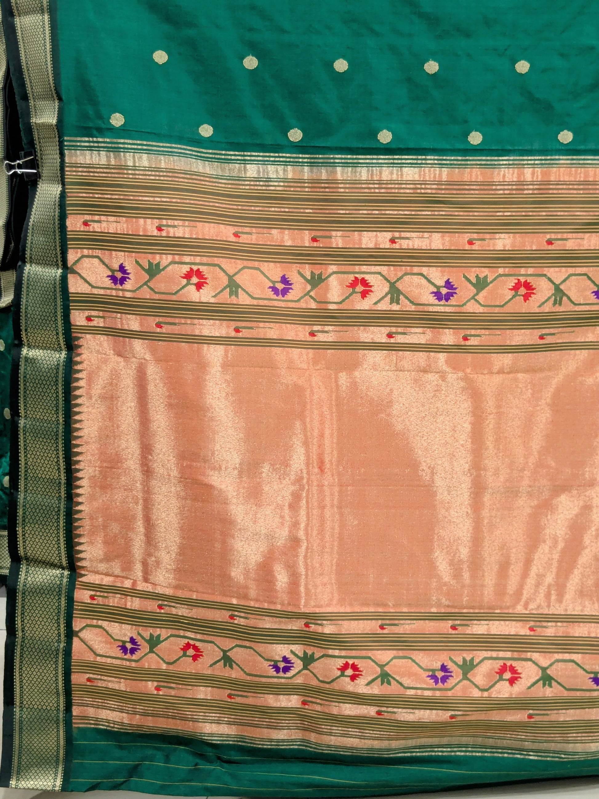 Bottle Green Pure Silk Paithani Saree with Zari Tawa Pallu