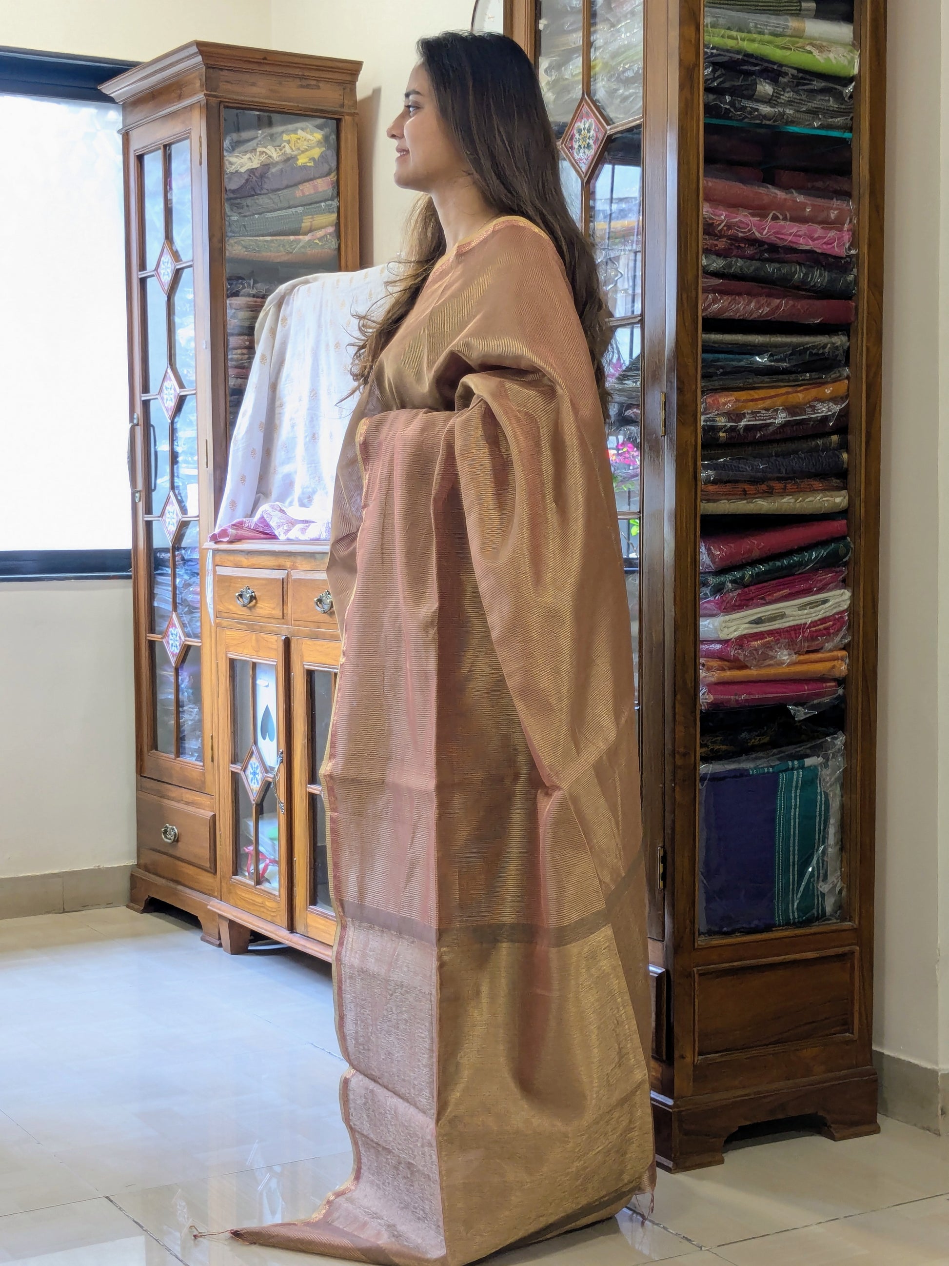 Maheshwari Beige Tissue Silk Saree