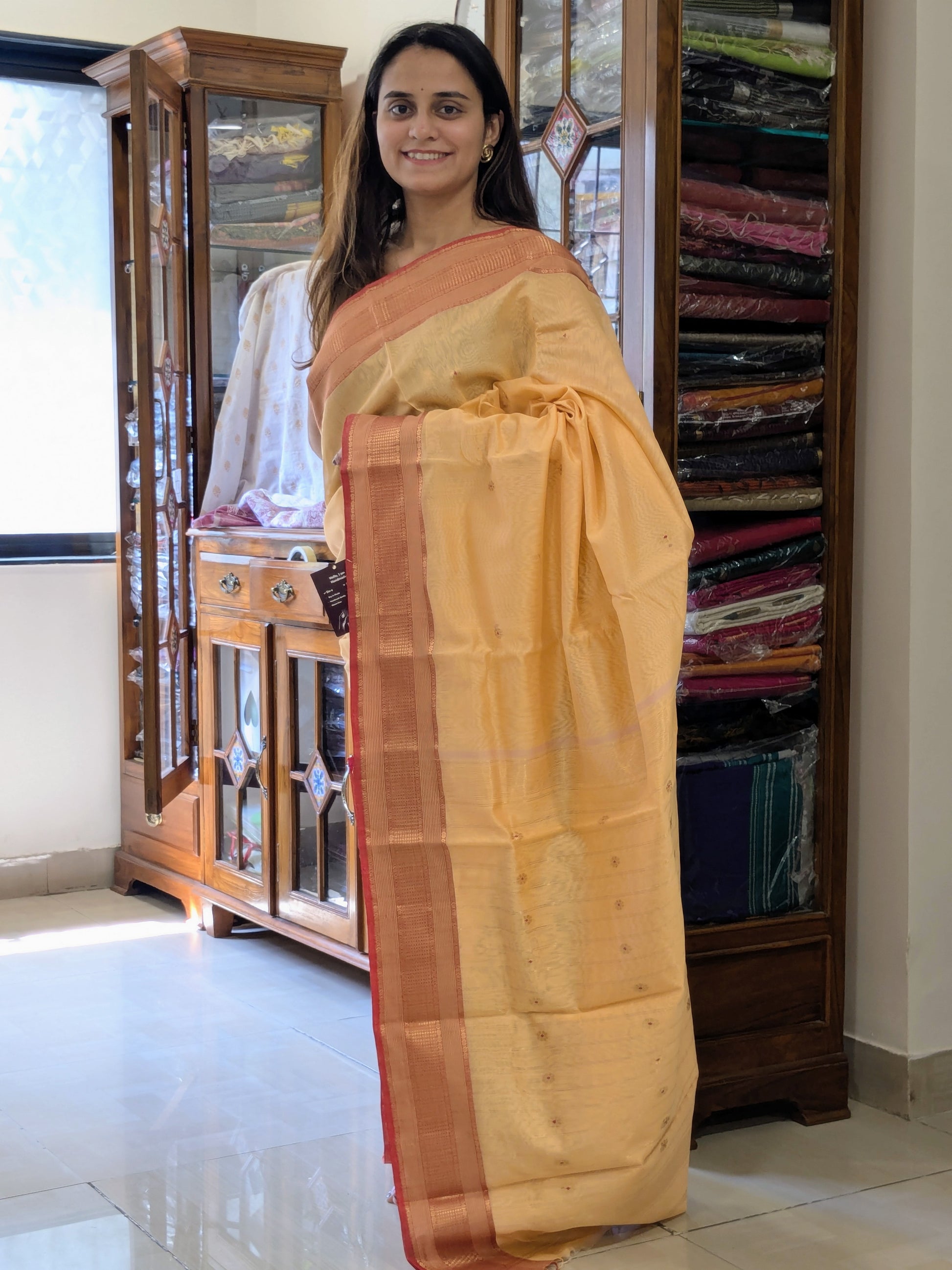 Maheshwari Silk Cotton Peach Meena Butti Saree