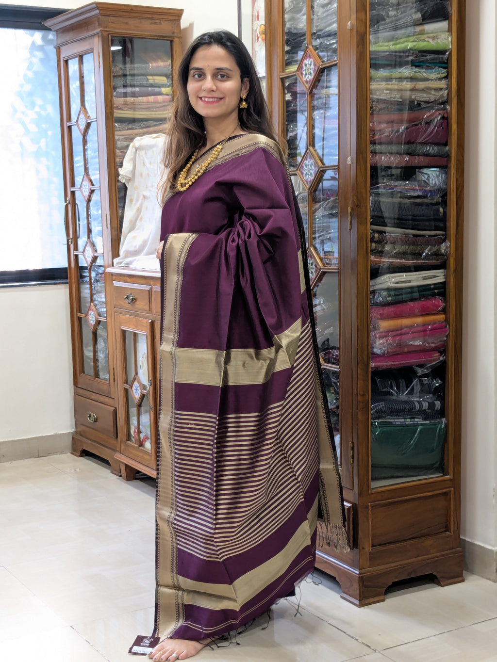 Maheshwari Wine Saree with Golden Resham Border
