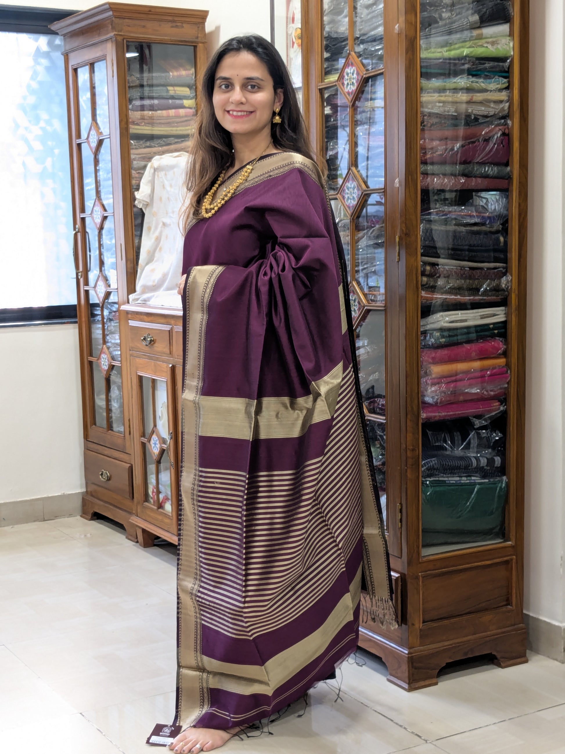 Maheshwari Wine Saree with Golden Resham Border
