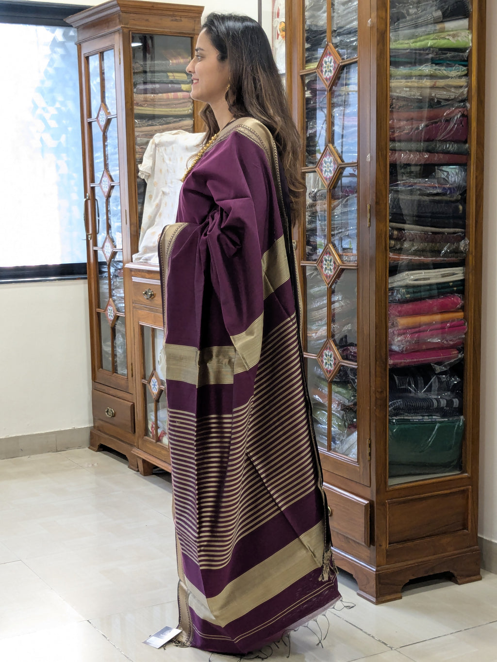 Maheshwari Wine Saree with Golden Resham Border