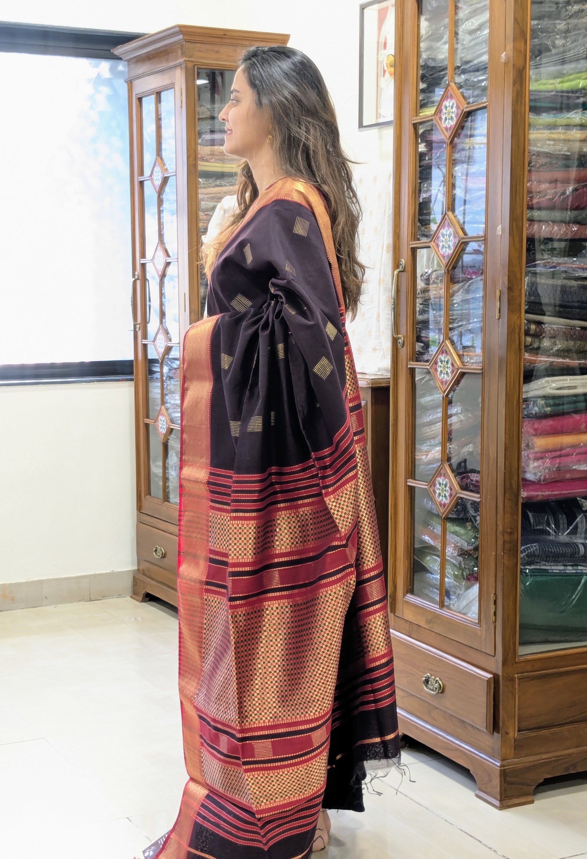 Maheshwari Coke Red Handloom Saree