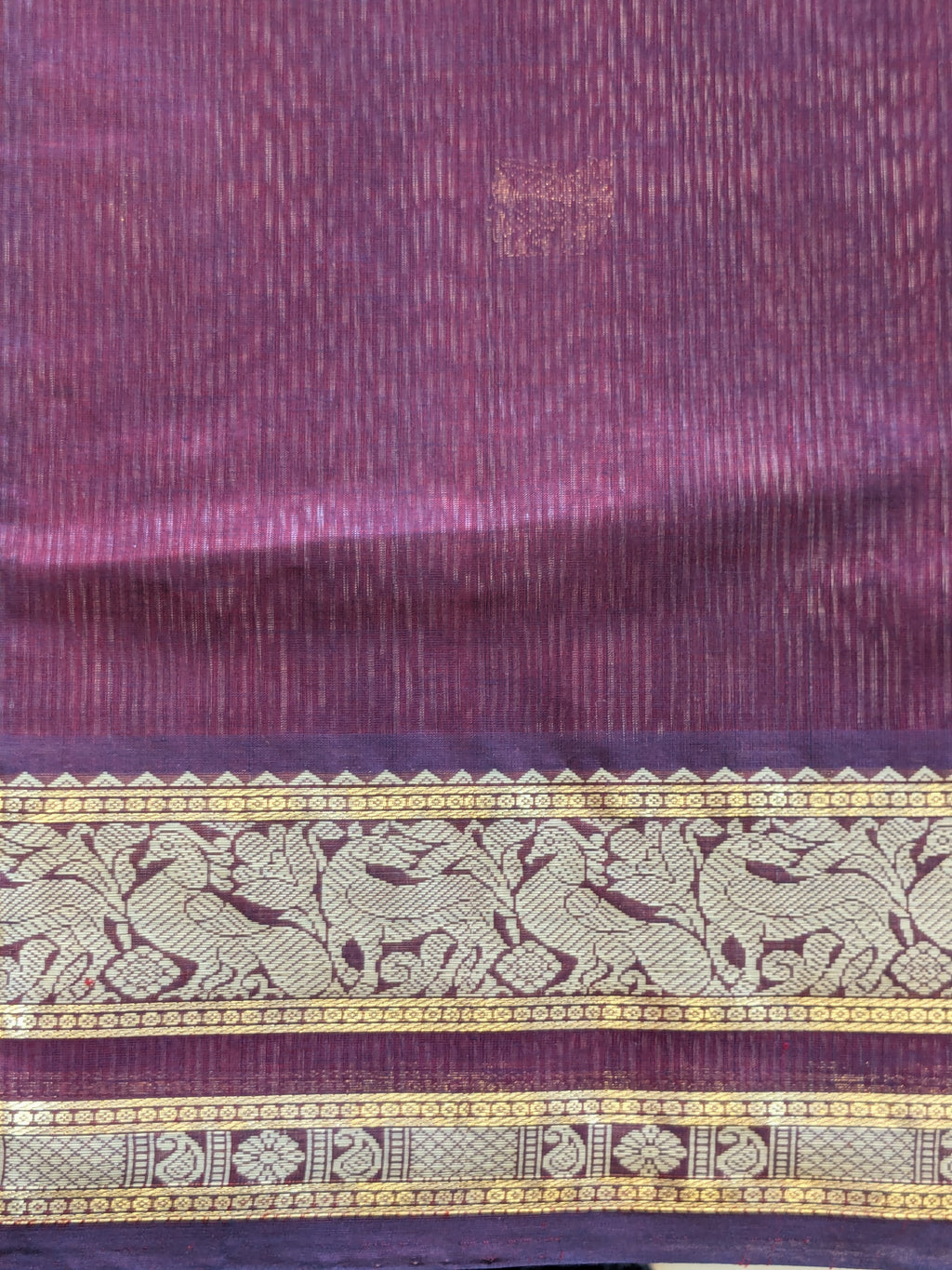 Maroon Silk Cotton Kanjivaram Saree with Grey Stripes, Buttis & Zari Pallu