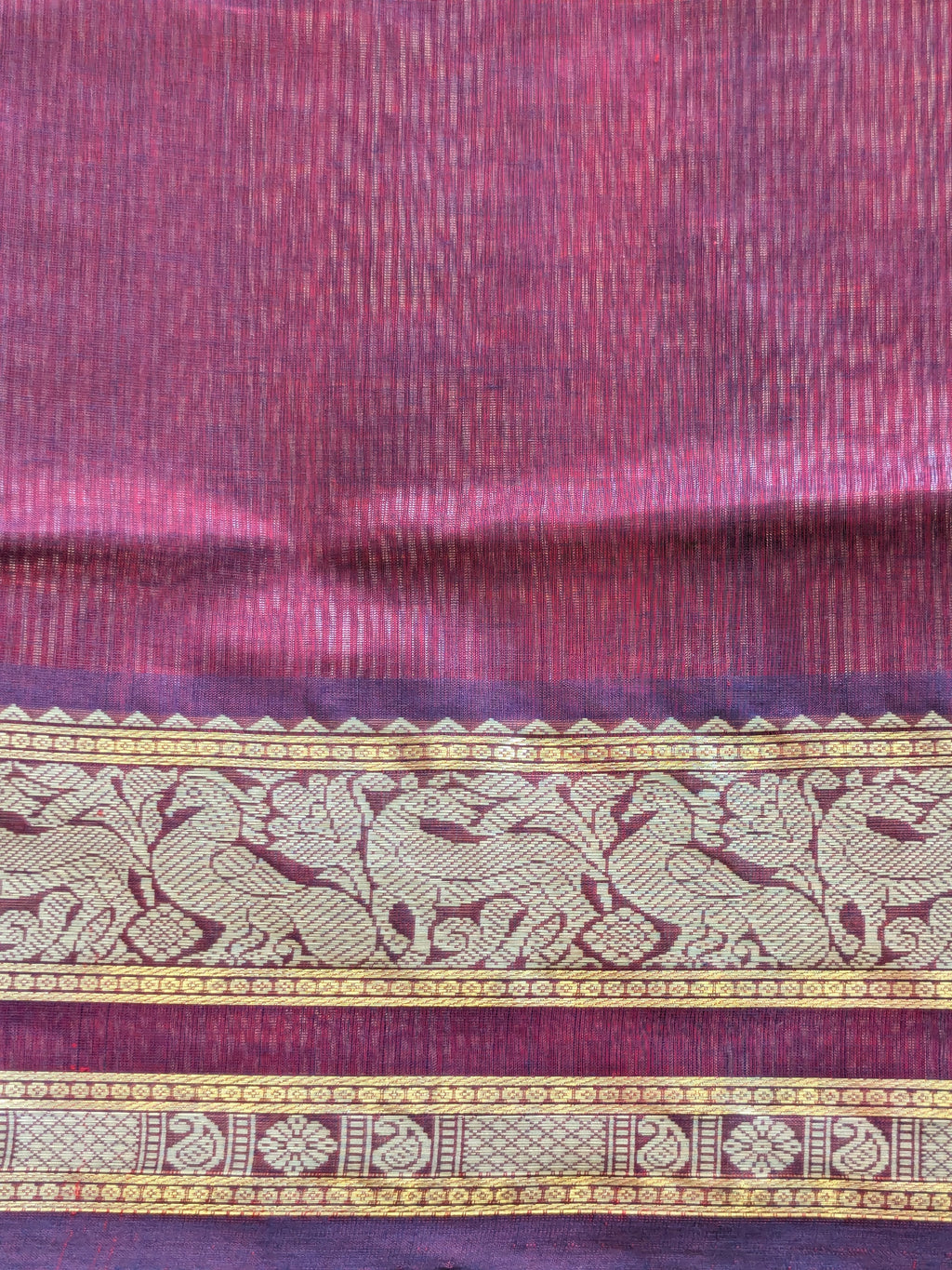 Maroon Silk Cotton Kanjivaram Saree with Purple Stripes, Buttis & Zari Pallu