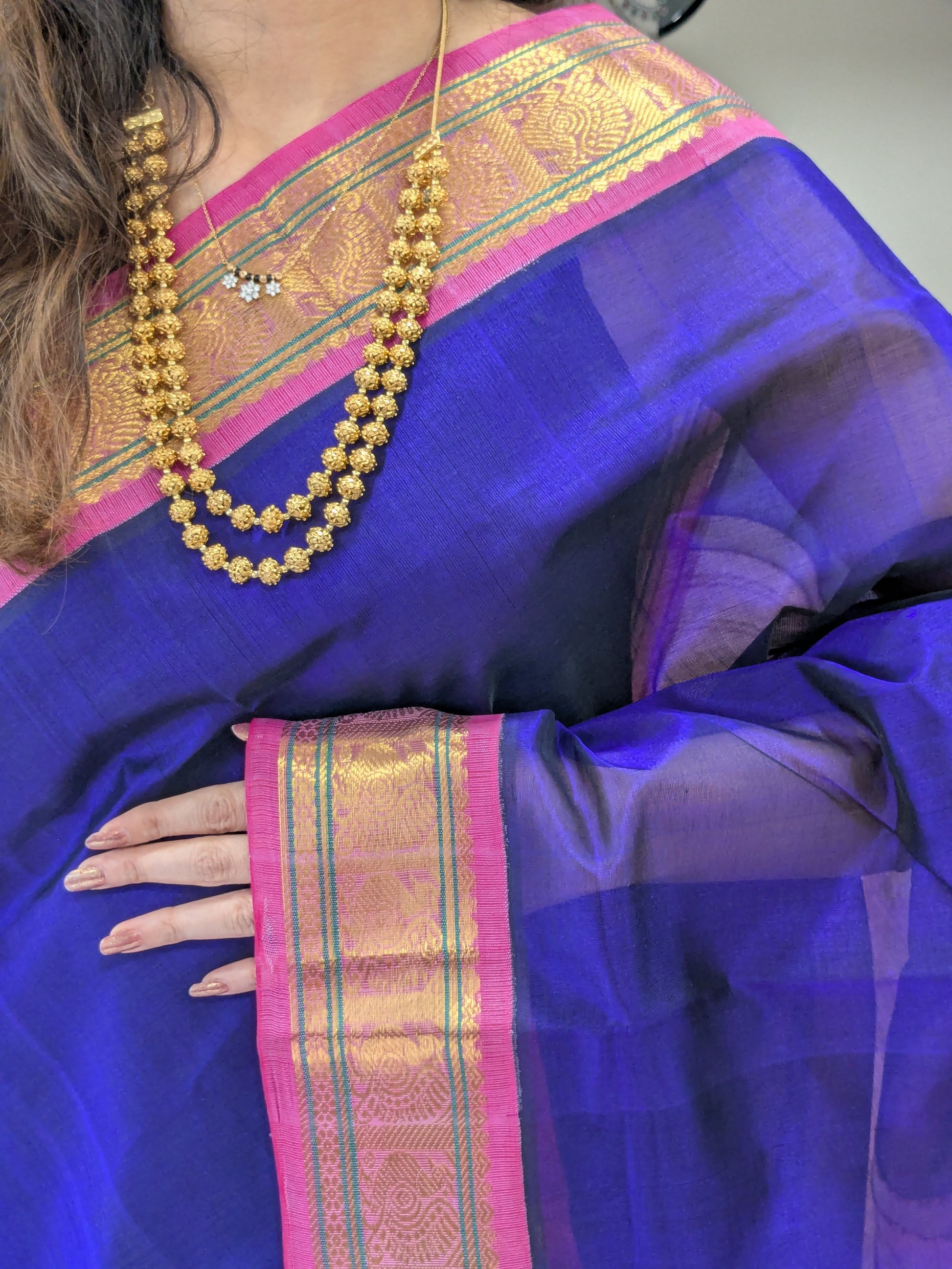 Blue Kanjeevaram Silk Cotton Saree with Zari Pallu & Small Zari Border