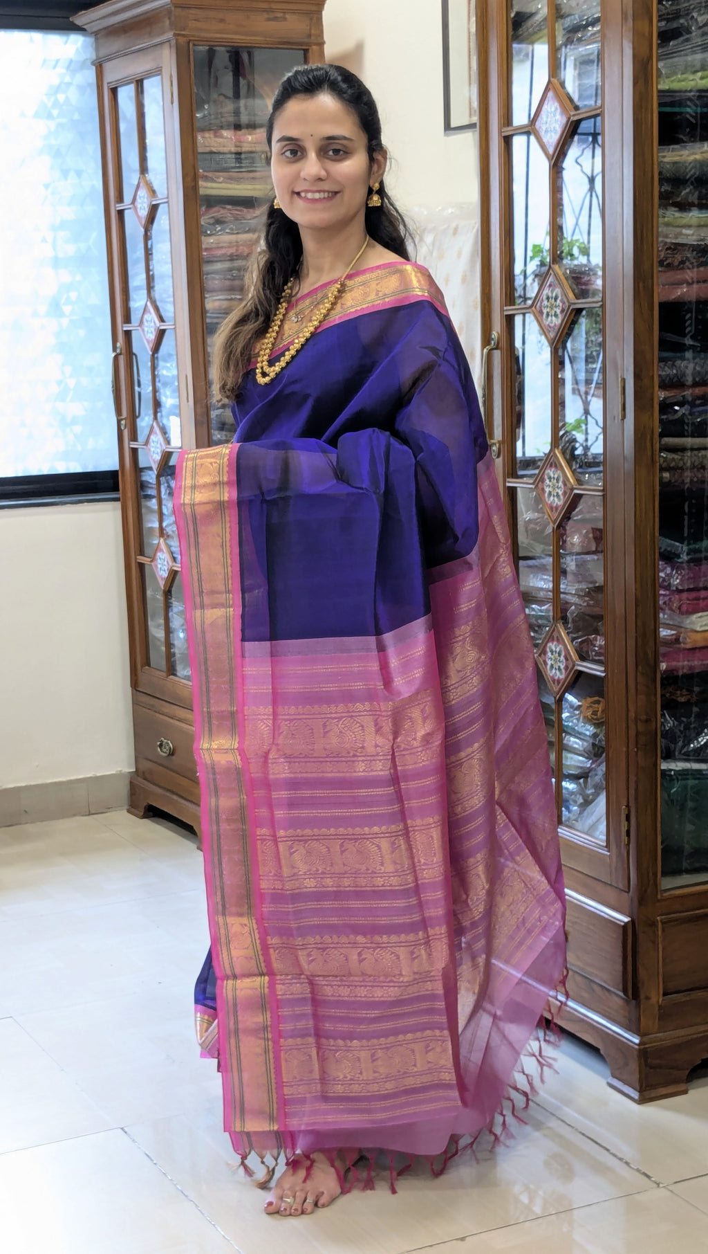 Blue Kanjeevaram Silk Cotton Saree with Zari Pallu & Small Zari Border
