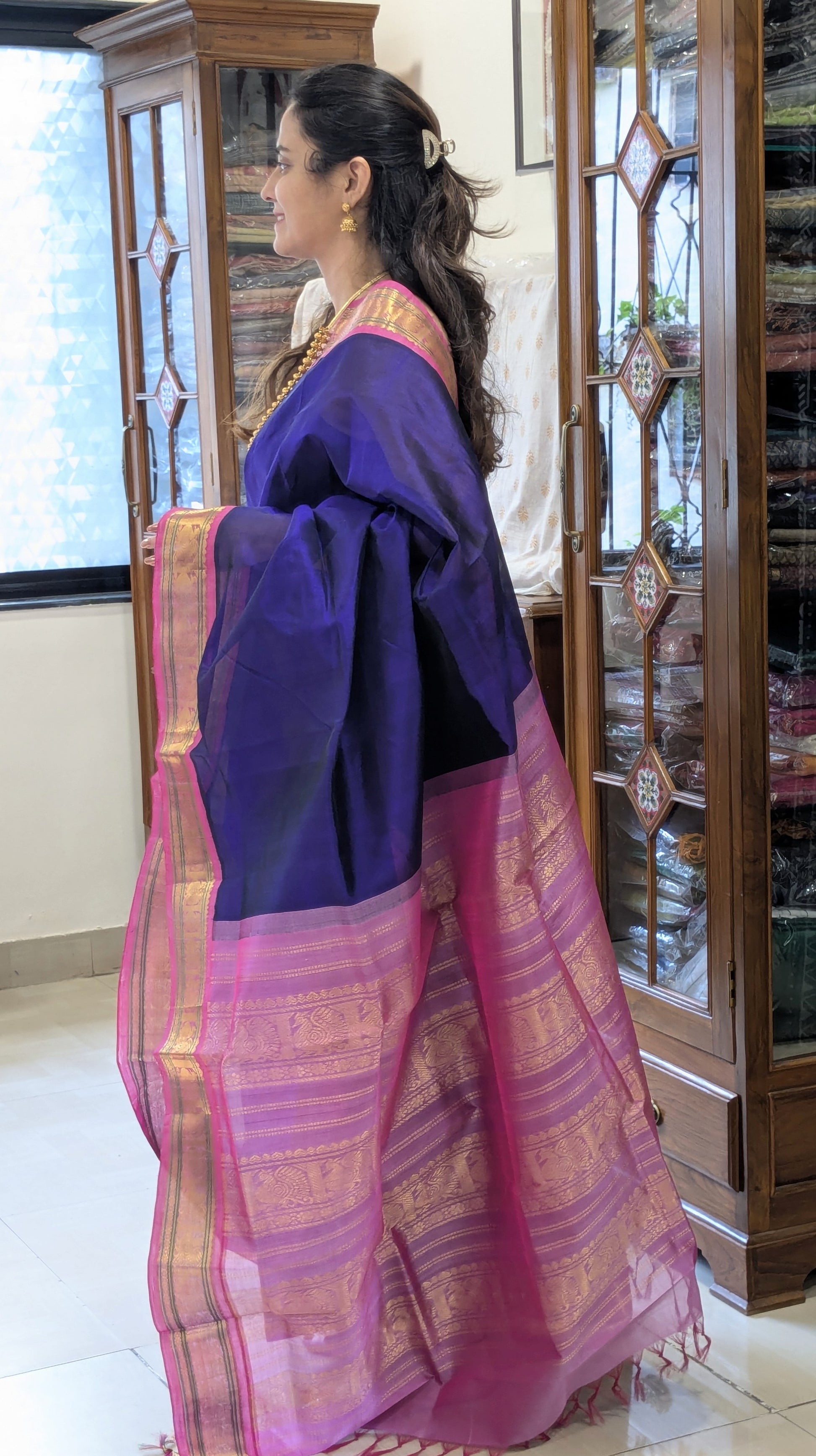 Blue Kanjeevaram Silk Cotton Saree with Zari Pallu & Small Zari Border