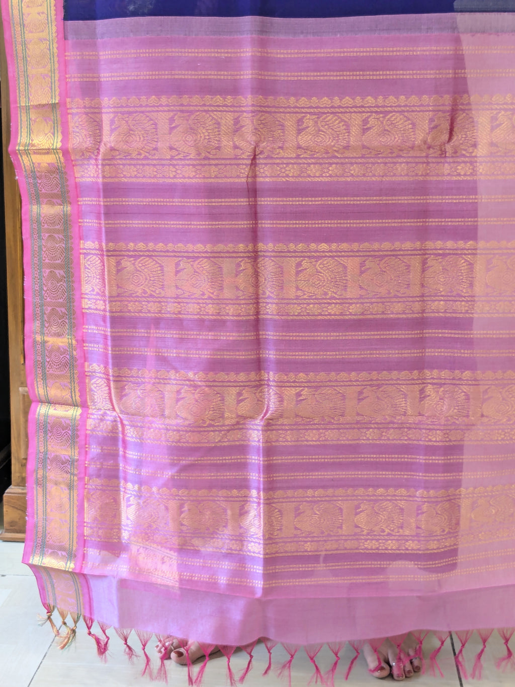 Blue Kanjeevaram Silk Cotton Saree with Zari Pallu & Small Zari Border