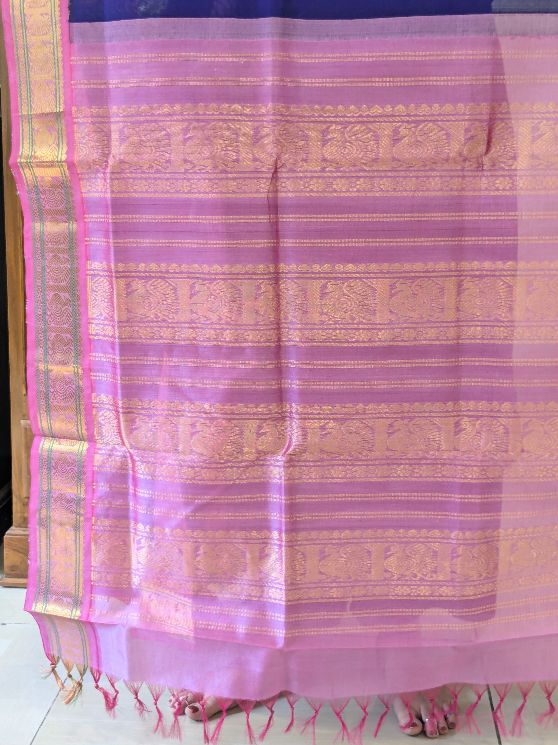 Blue Kanjeevaram Silk Cotton Saree with Zari Pallu & Small Zari Border