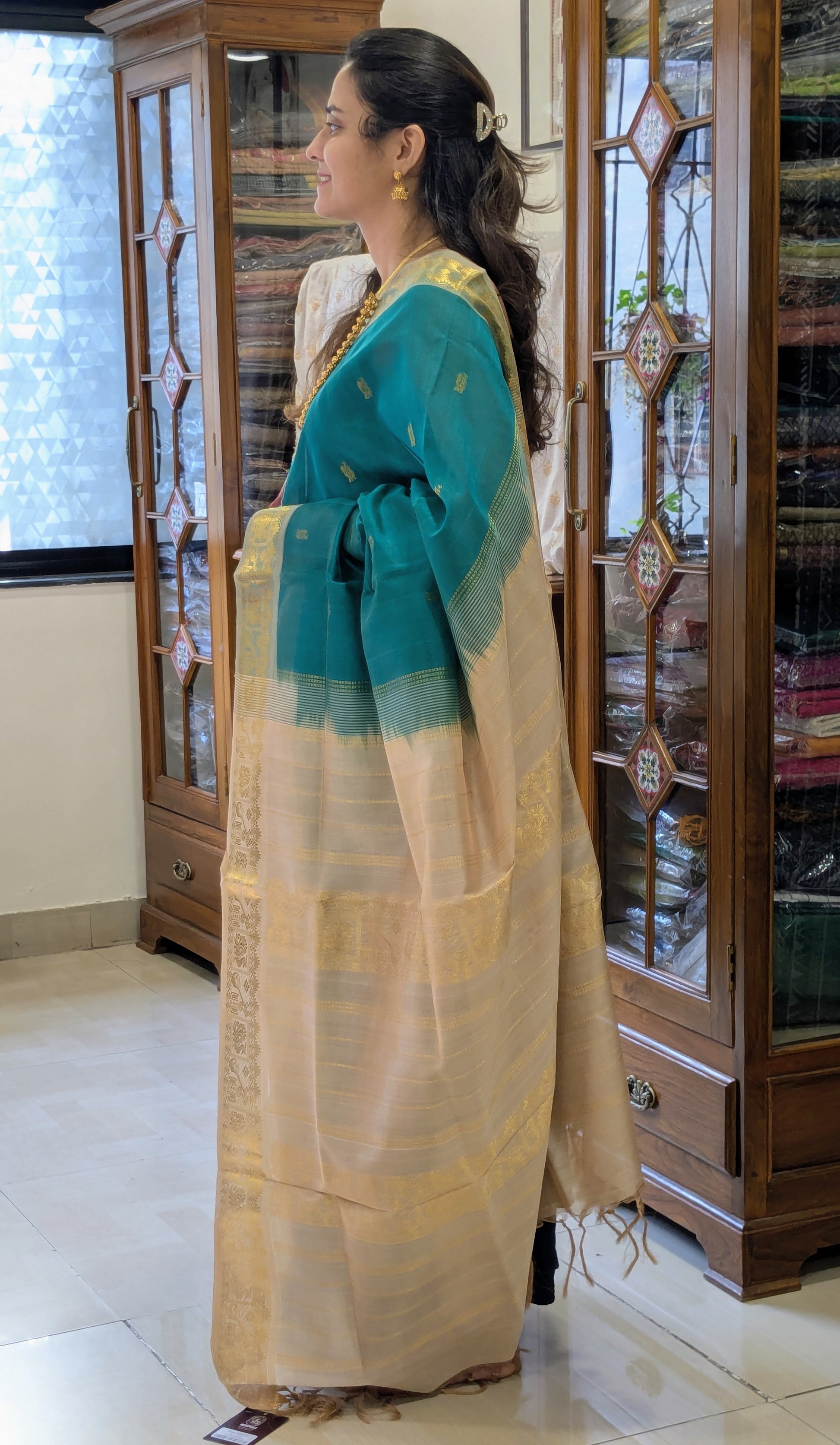 Green and Beige Silk Cotton Kanjivaram Saree