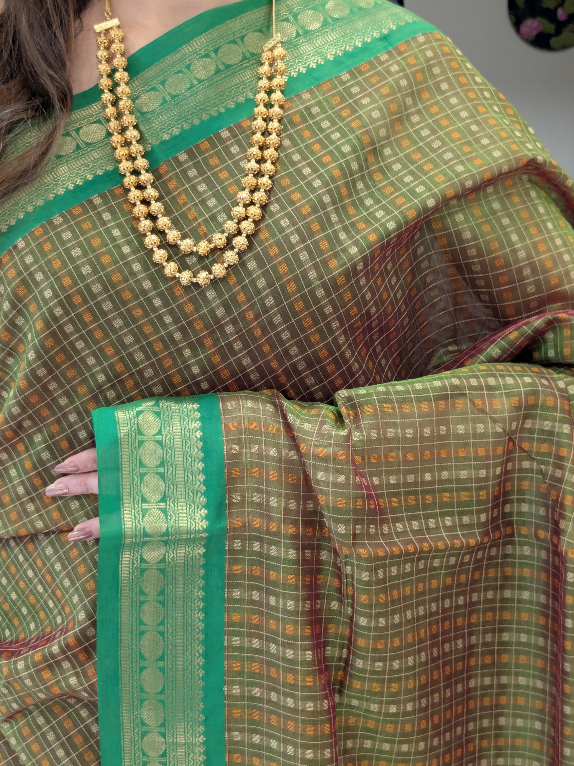 Green Kanjeevaram Silk Cotton Saree with Checks & Buttis, Zari Pallu