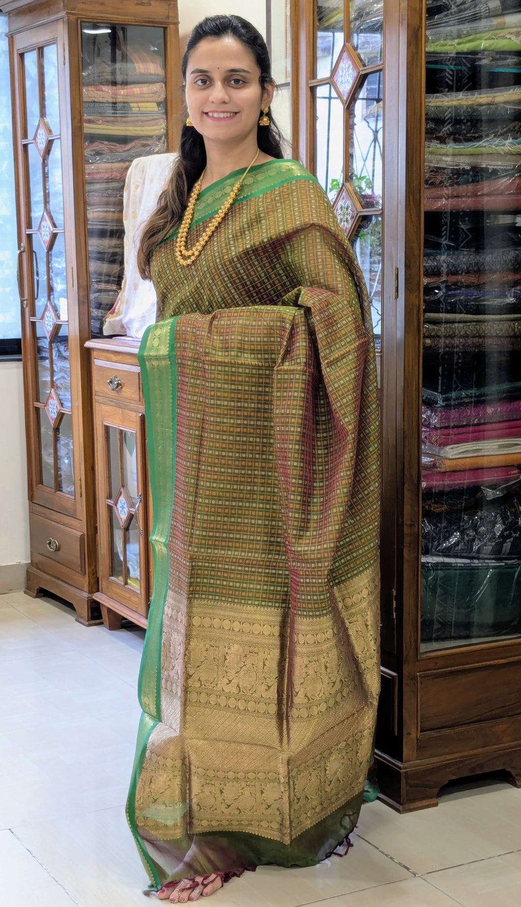 Green Kanjeevaram Silk Cotton Saree with Checks & Buttis, Zari Pallu