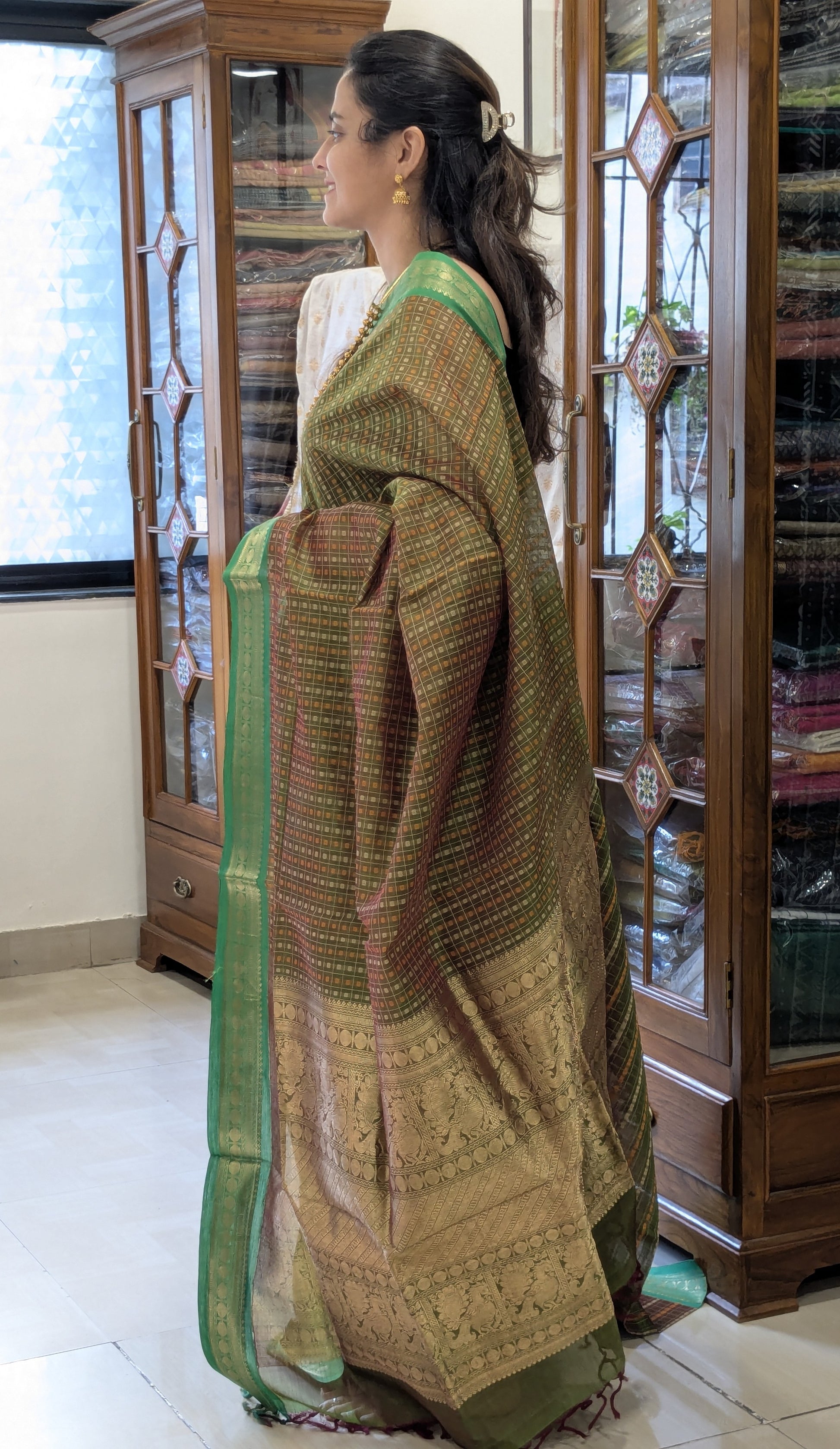 Green Kanjeevaram Silk Cotton Saree with Checks & Buttis, Zari Pallu