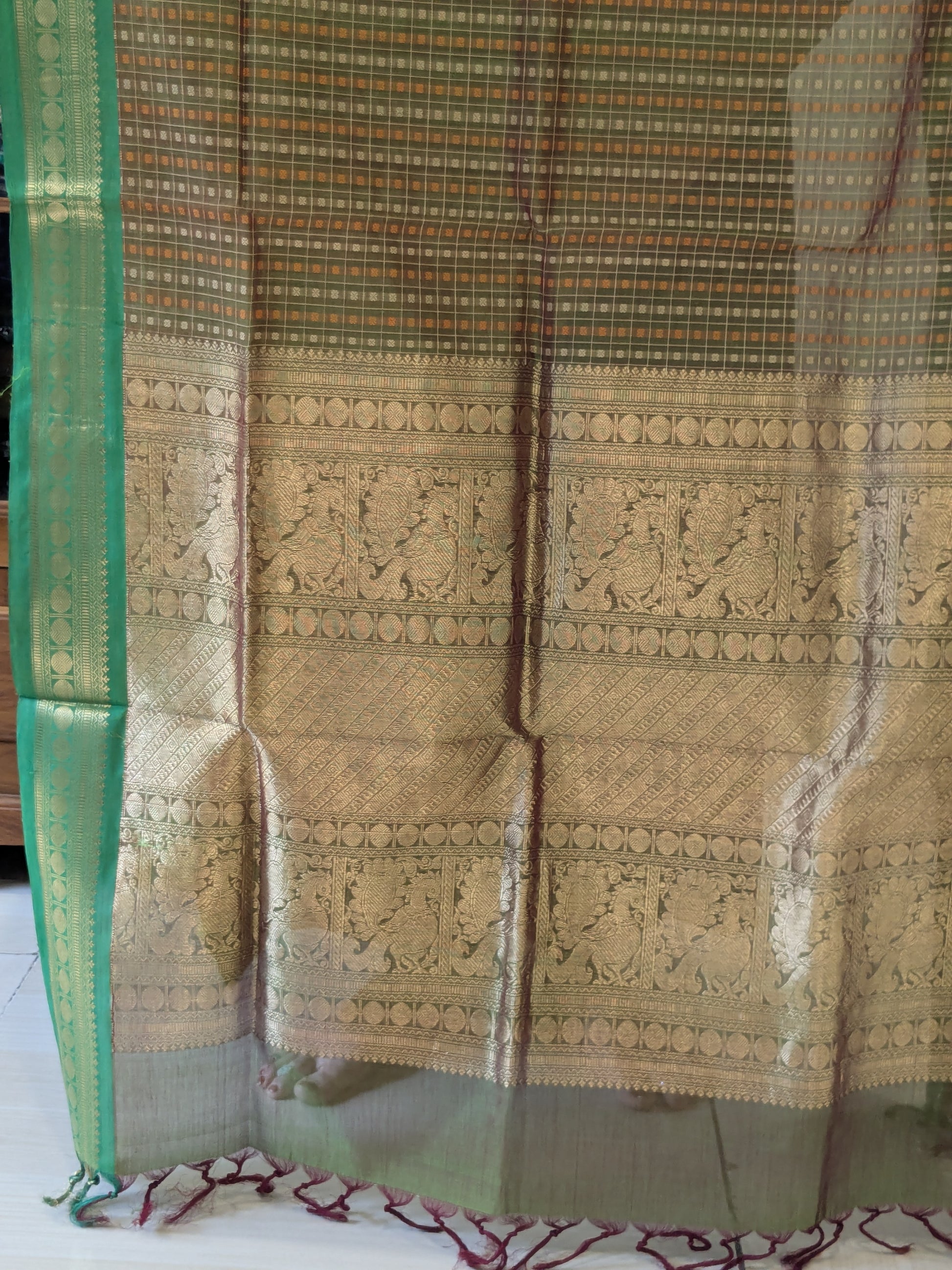 Green Kanjeevaram Silk Cotton Saree with Checks & Buttis, Zari Pallu