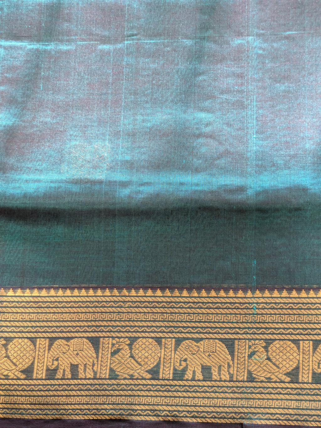 Bluish Green Kanjeevaram Silk Cotton Saree with Mor Buttis & Zari Pallu