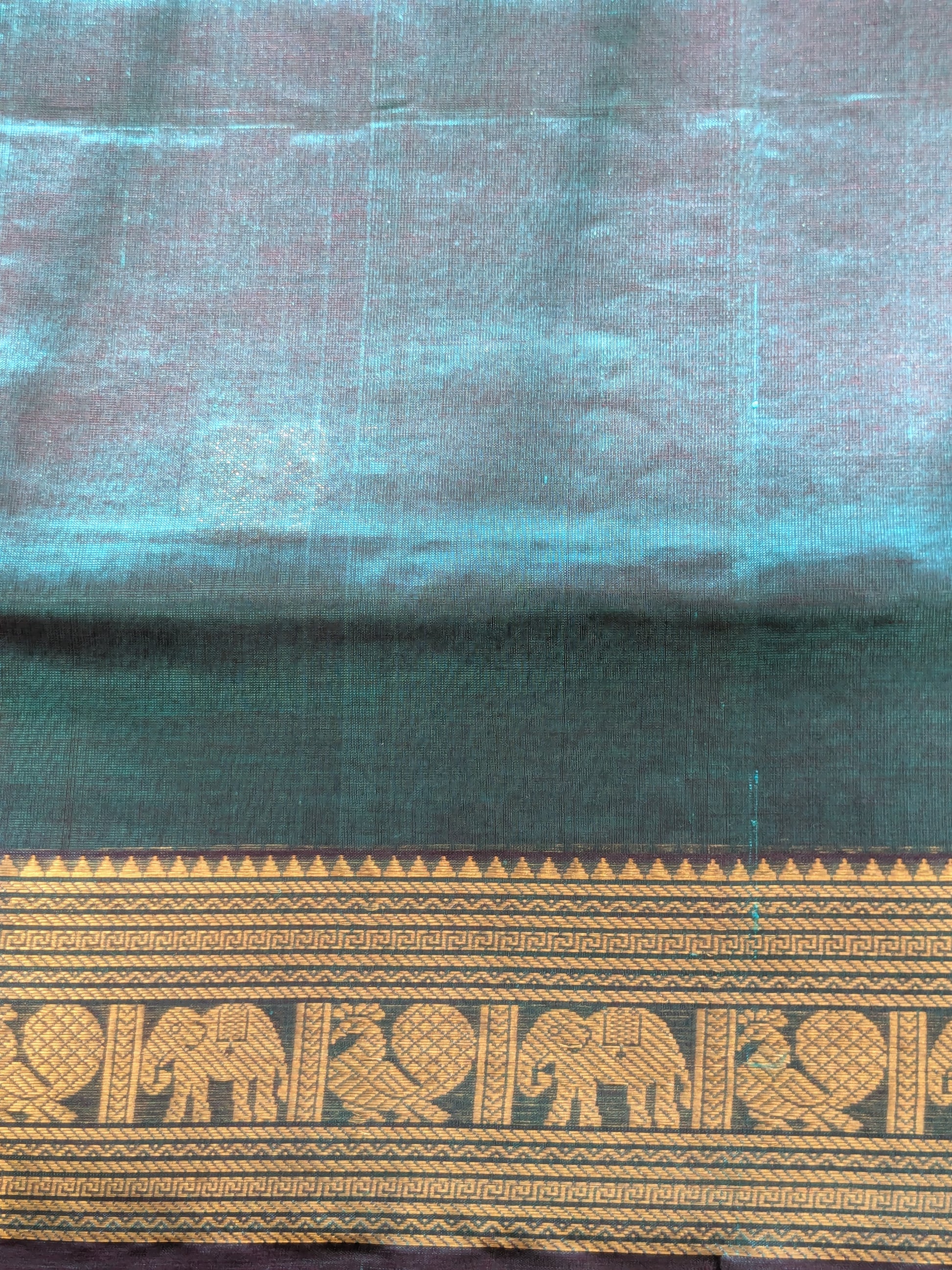 Bluish Green Kanjeevaram Silk Cotton Saree with Mor Buttis & Zari Pallu