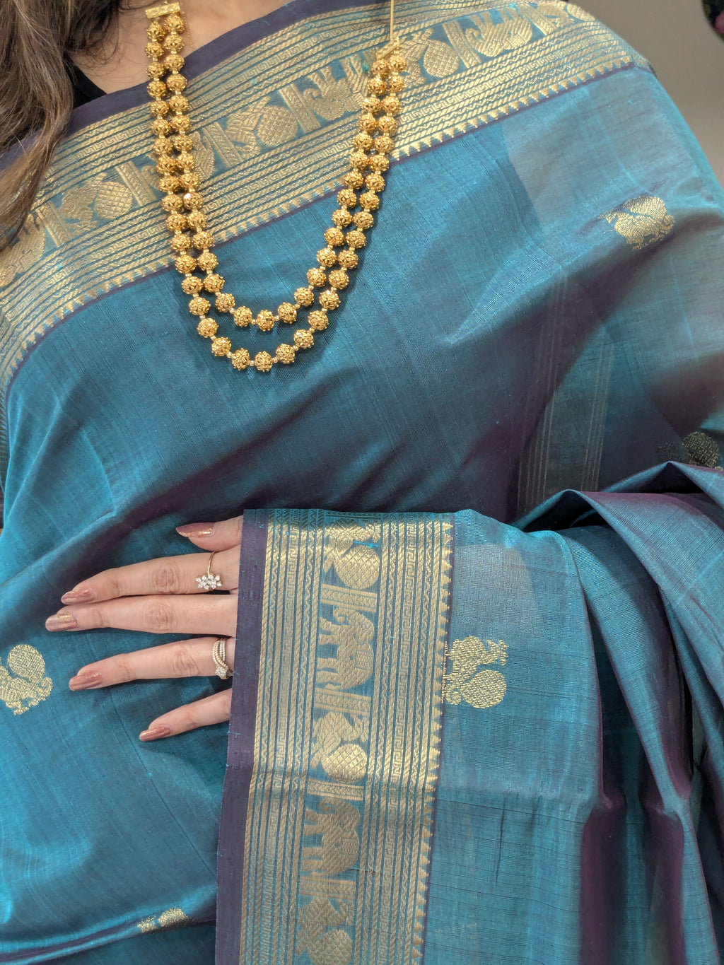 Bluish Green Kanjeevaram Silk Cotton Saree with Mor Buttis & Zari Pallu